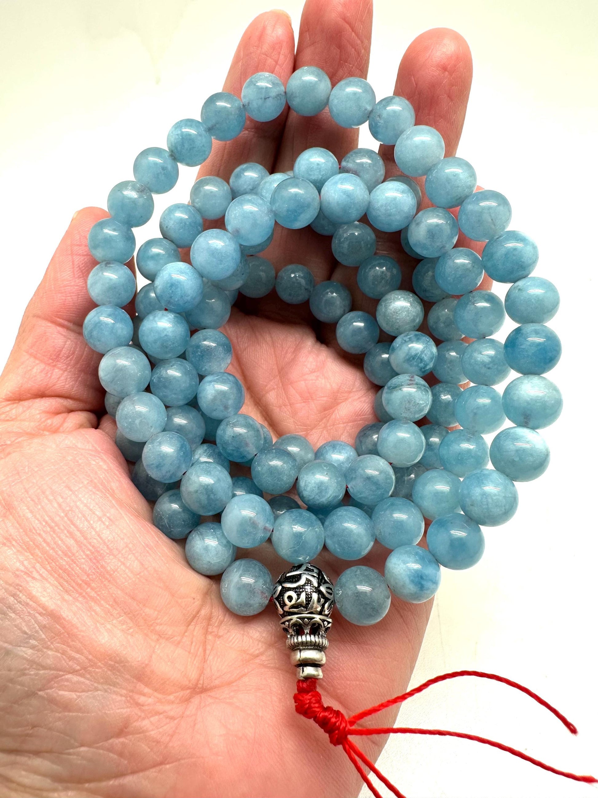 Tibetan Buddhist prayer mala, Aquamarine 108 beads, natural stone, sterling silver guru bead, handcrafted,8.3mm