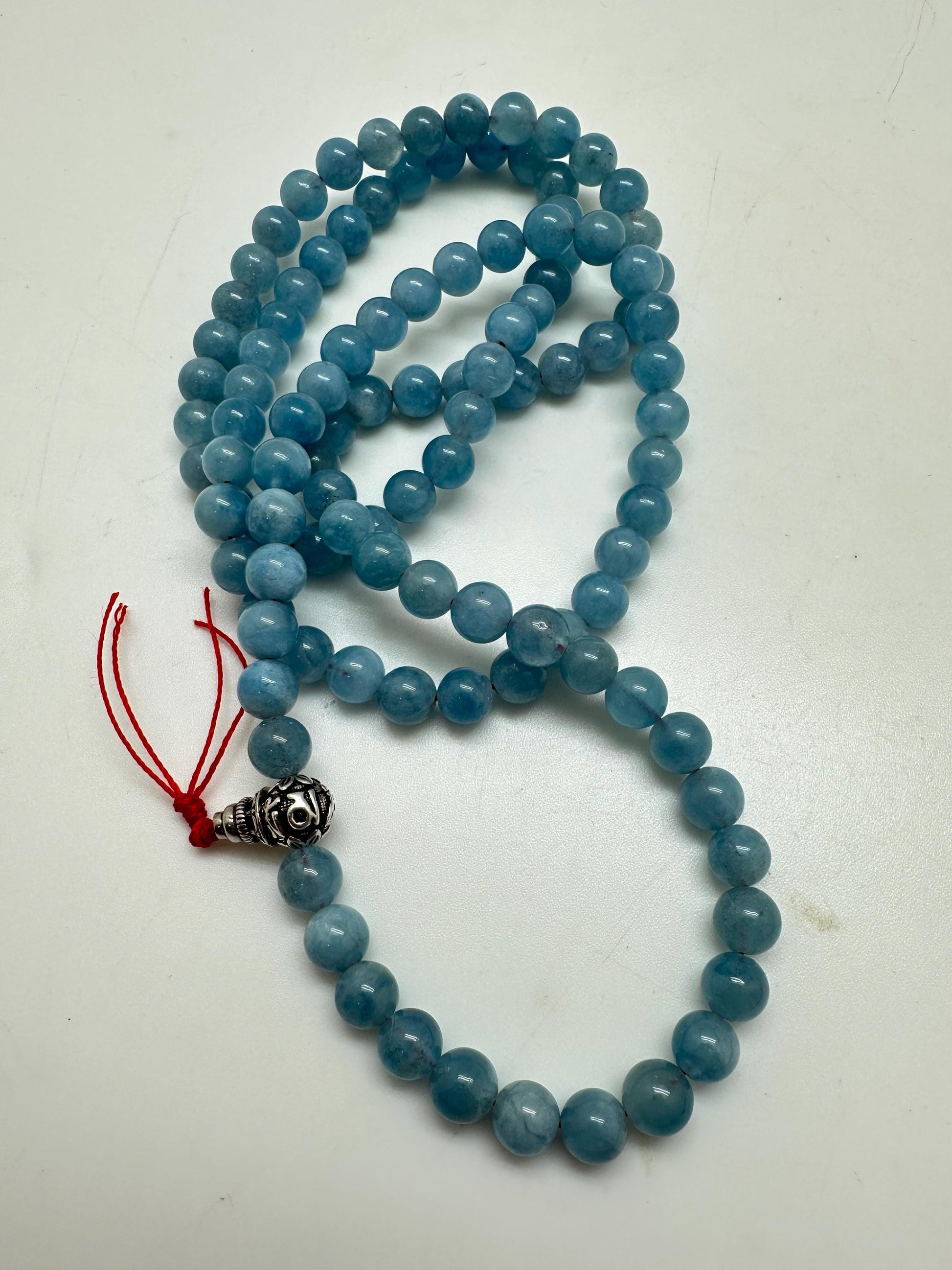 Tibetan Buddhist prayer mala, Aquamarine 108 beads, natural stone, sterling silver guru bead, handcrafted,8.3mm