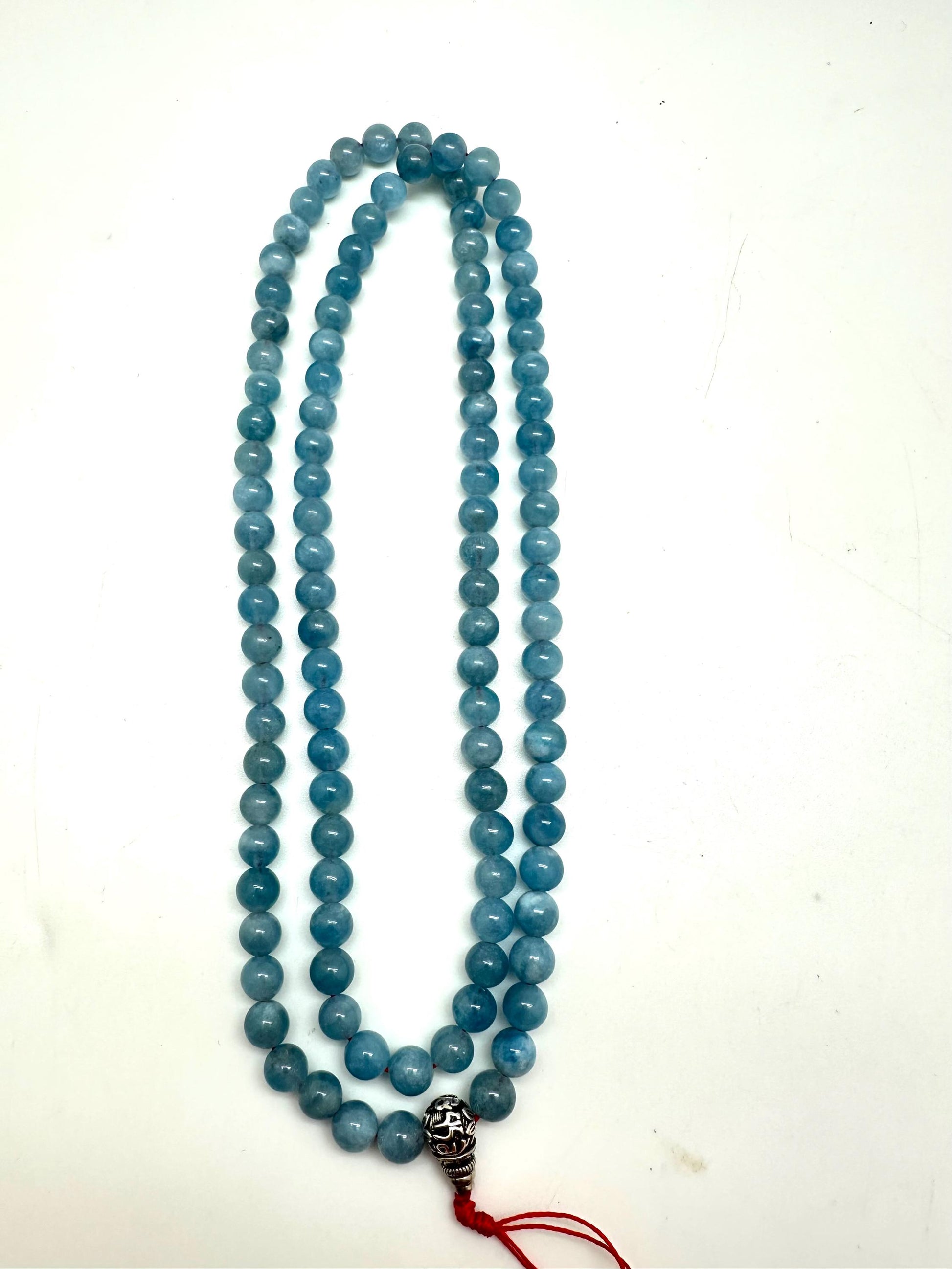 Tibetan Buddhist prayer mala, Aquamarine 108 beads, natural stone, sterling silver guru bead, handcrafted,8.3mm