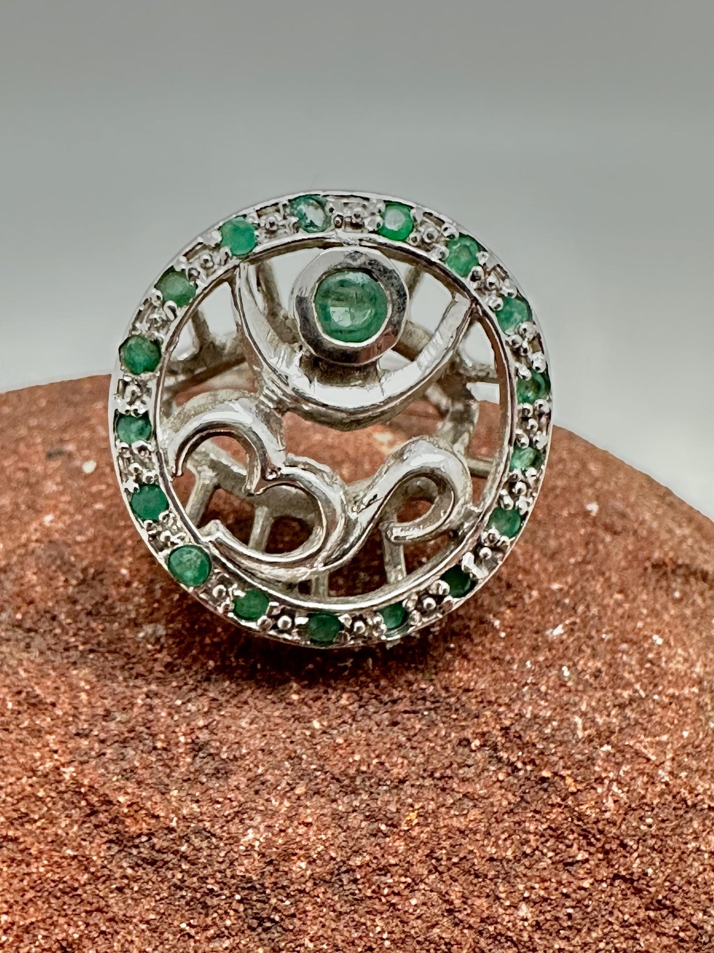 Om ring, emarald, sterling silver, handcrafted,meditation,size 8