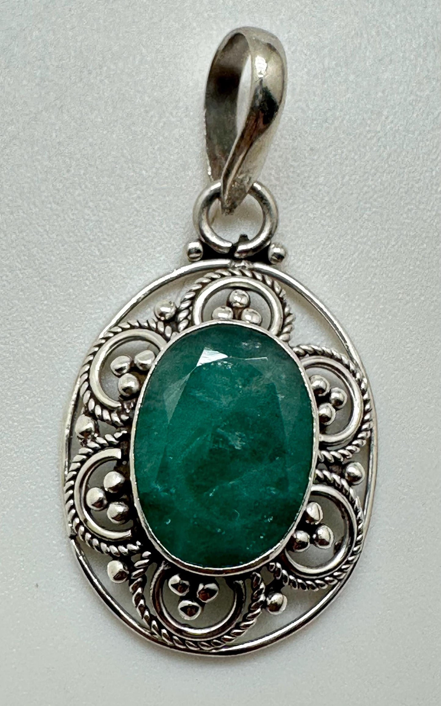 Emerald pendant ,sterling silver, handcrafted, floral pendant, 22.2mmX43.7mm including bail