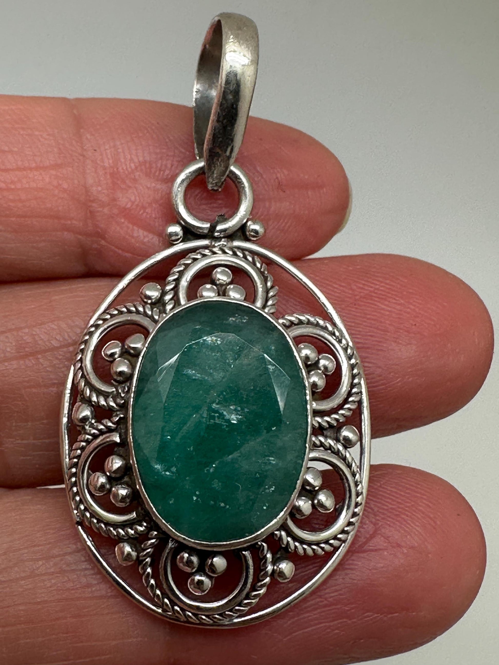 Emerald pendant ,sterling silver, handcrafted, floral pendant, 22.2mmX43.7mm including bail
