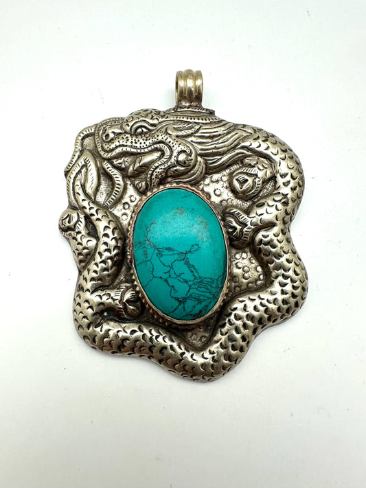 Large dragon pendant,howlite turquoise , handcrafted,Tibetan silver,Nepalese