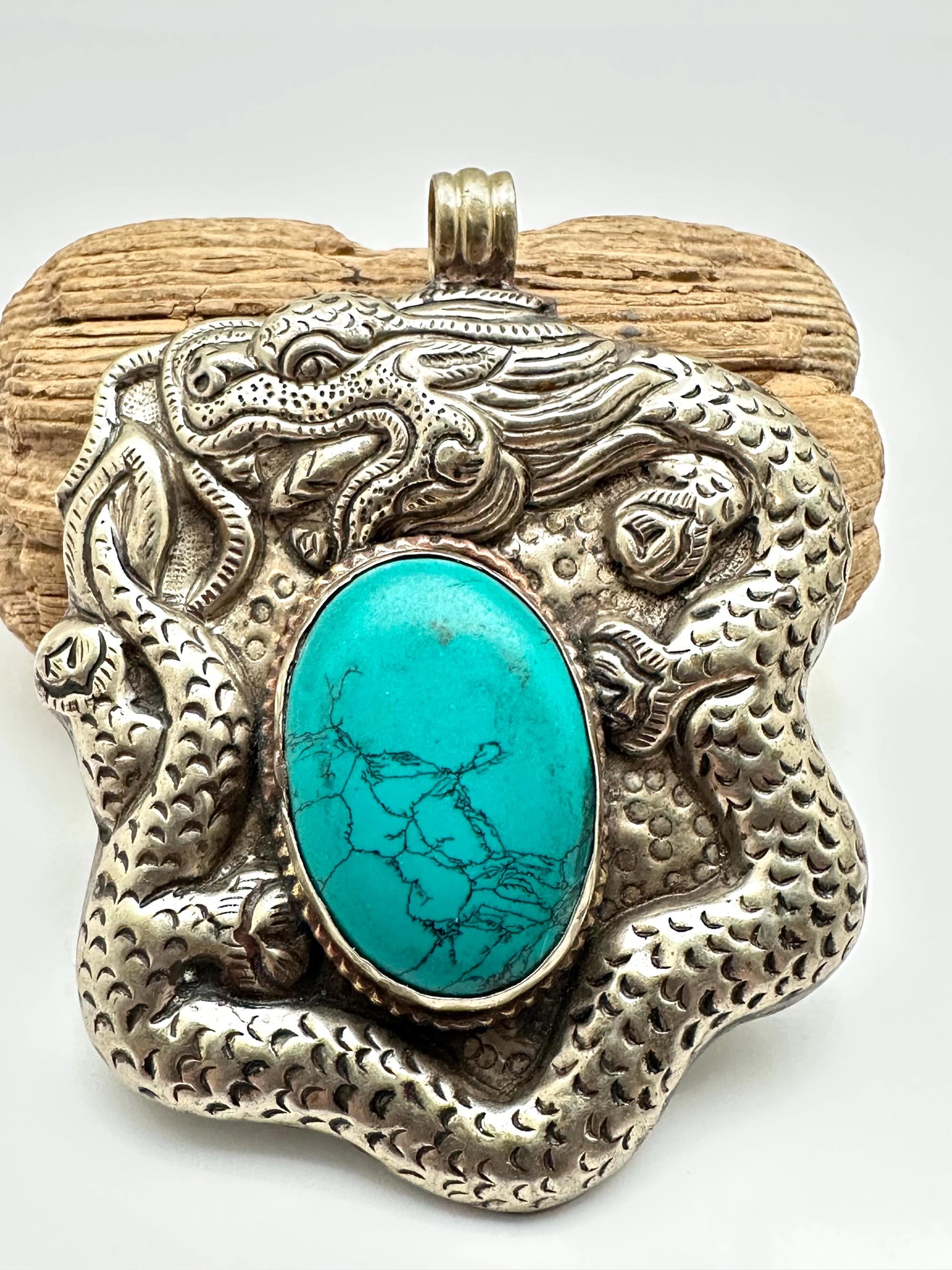 Large dragon pendant,howlite turquoise , handcrafted,Tibetan silver,Nepalese