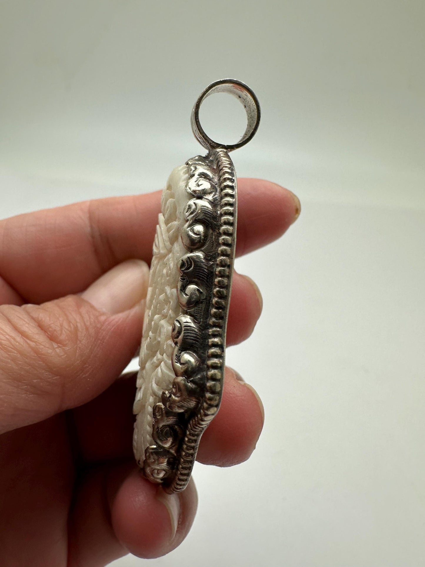 Bone carved hamsa pendant, handcrafted,tibetan silver, Nepalese, 60X36mm
