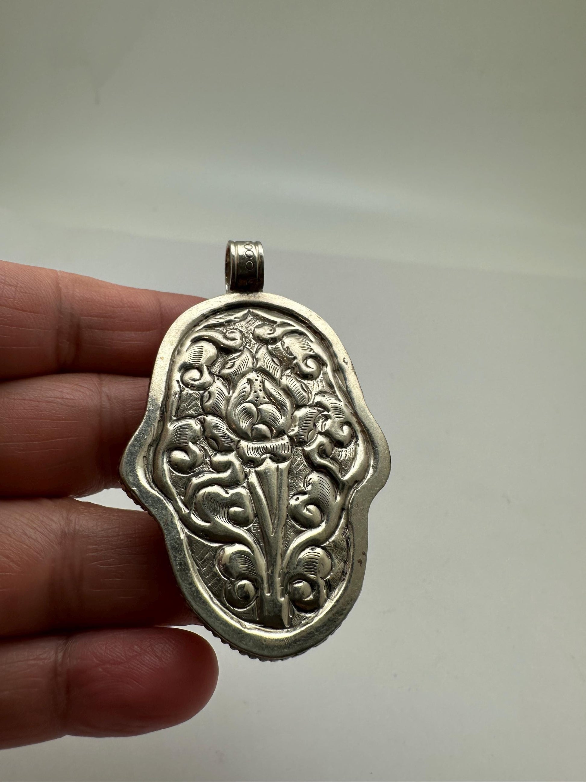 Bone carved hamsa pendant, handcrafted,tibetan silver, Nepalese, 60X36mm