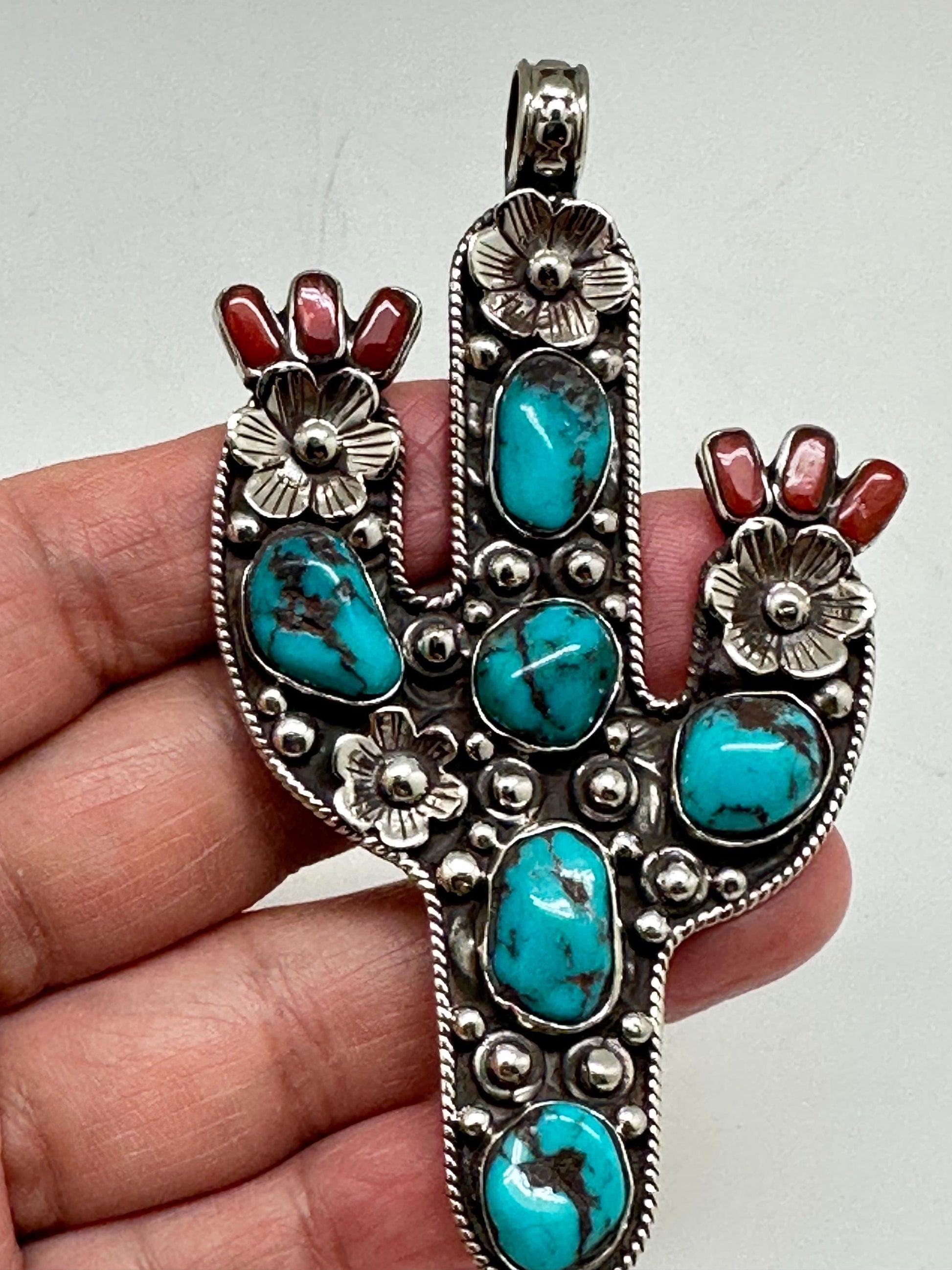 Handcrafted Tibetan Silver Cactus Pendant with Turquoise and Coral