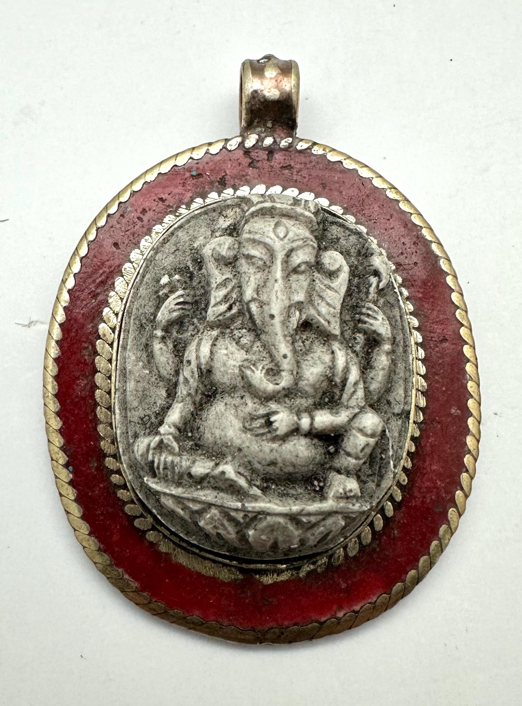 Handcrafted Ganesh Pendant, Tibetan Silver Amulet, Nepalese Resin God