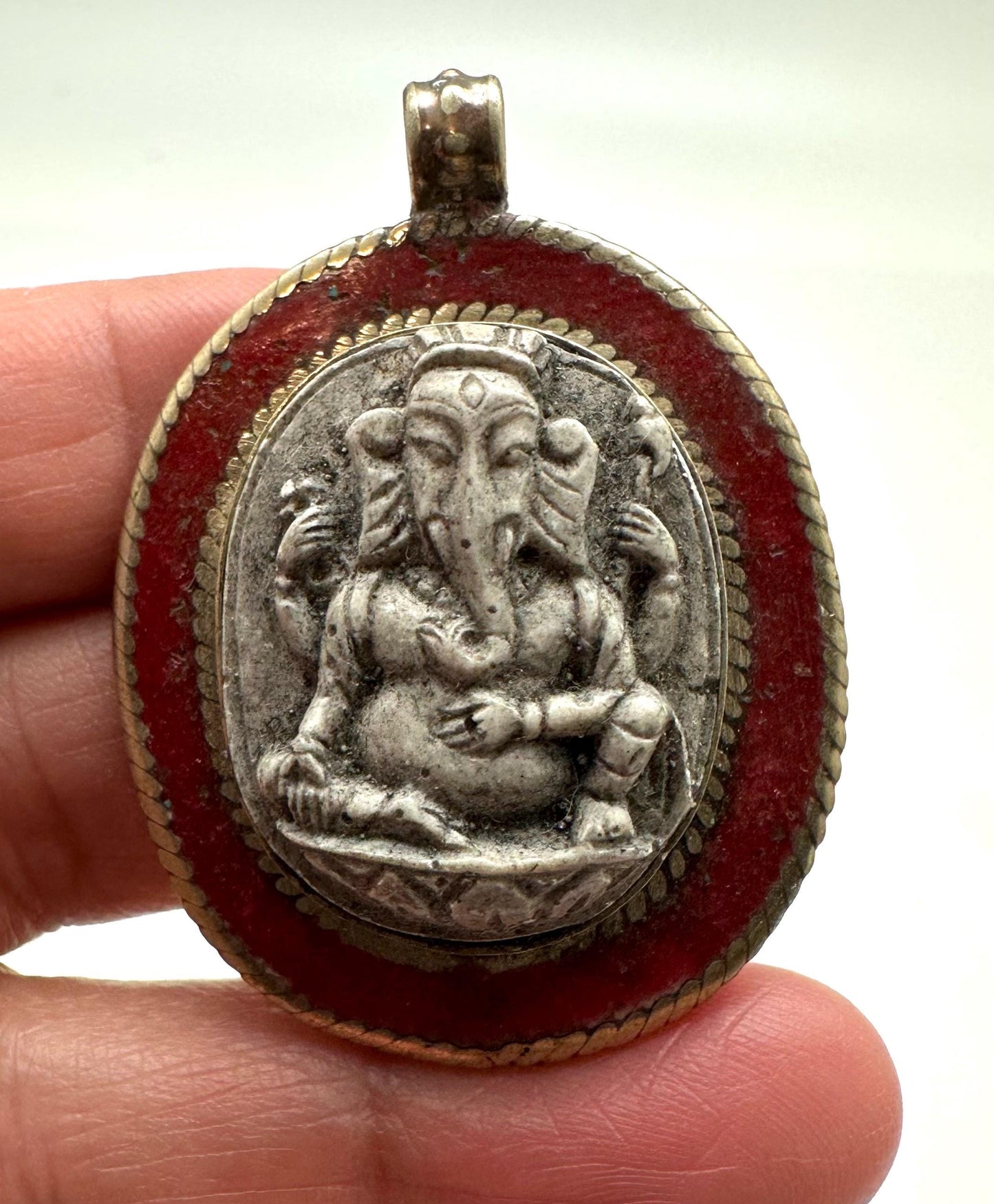 Handcrafted Ganesh Pendant, Tibetan Silver Amulet, Nepalese Resin God