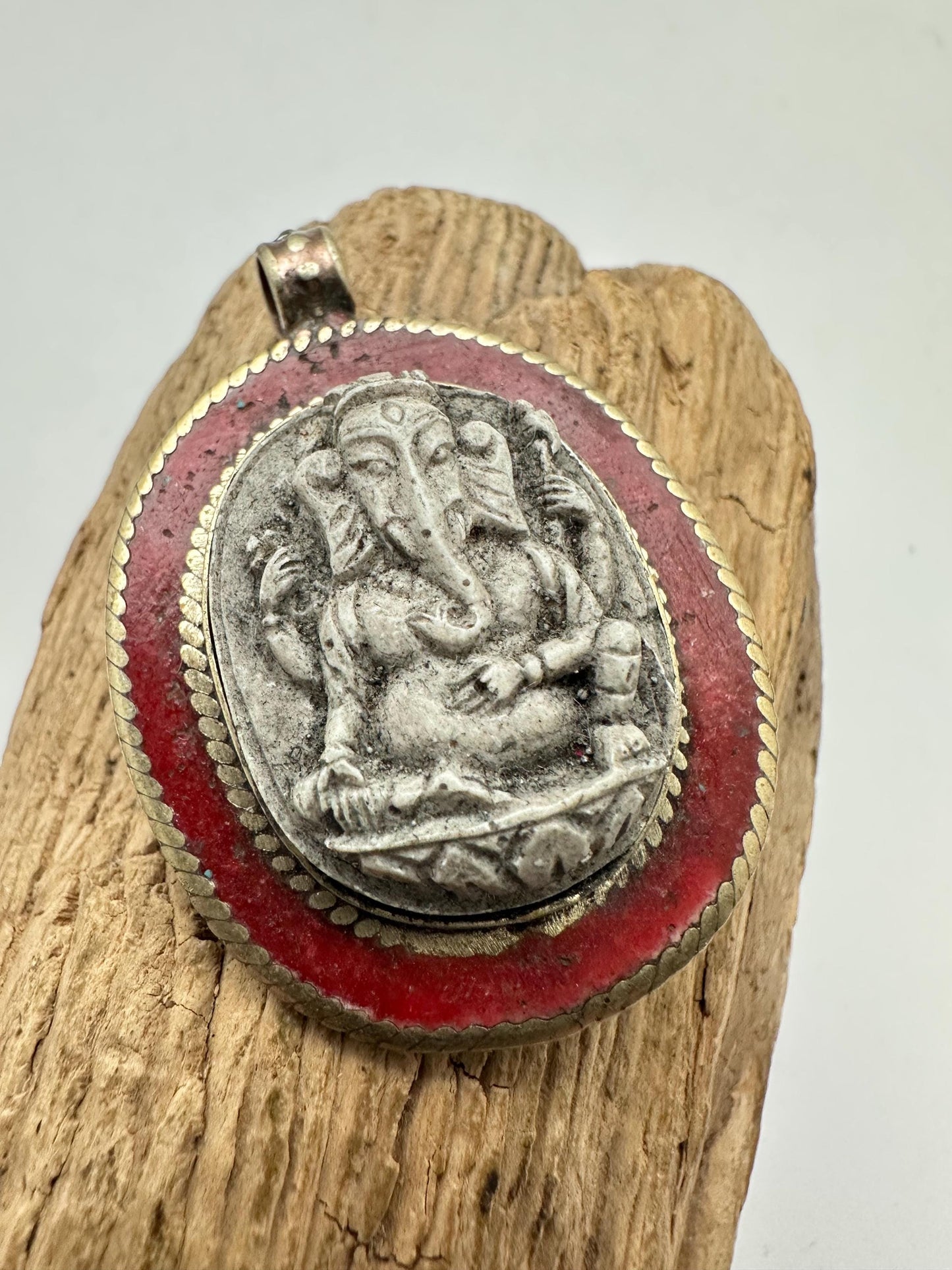 Handcrafted Ganesh Pendant, Tibetan Silver Amulet, Nepalese Resin God