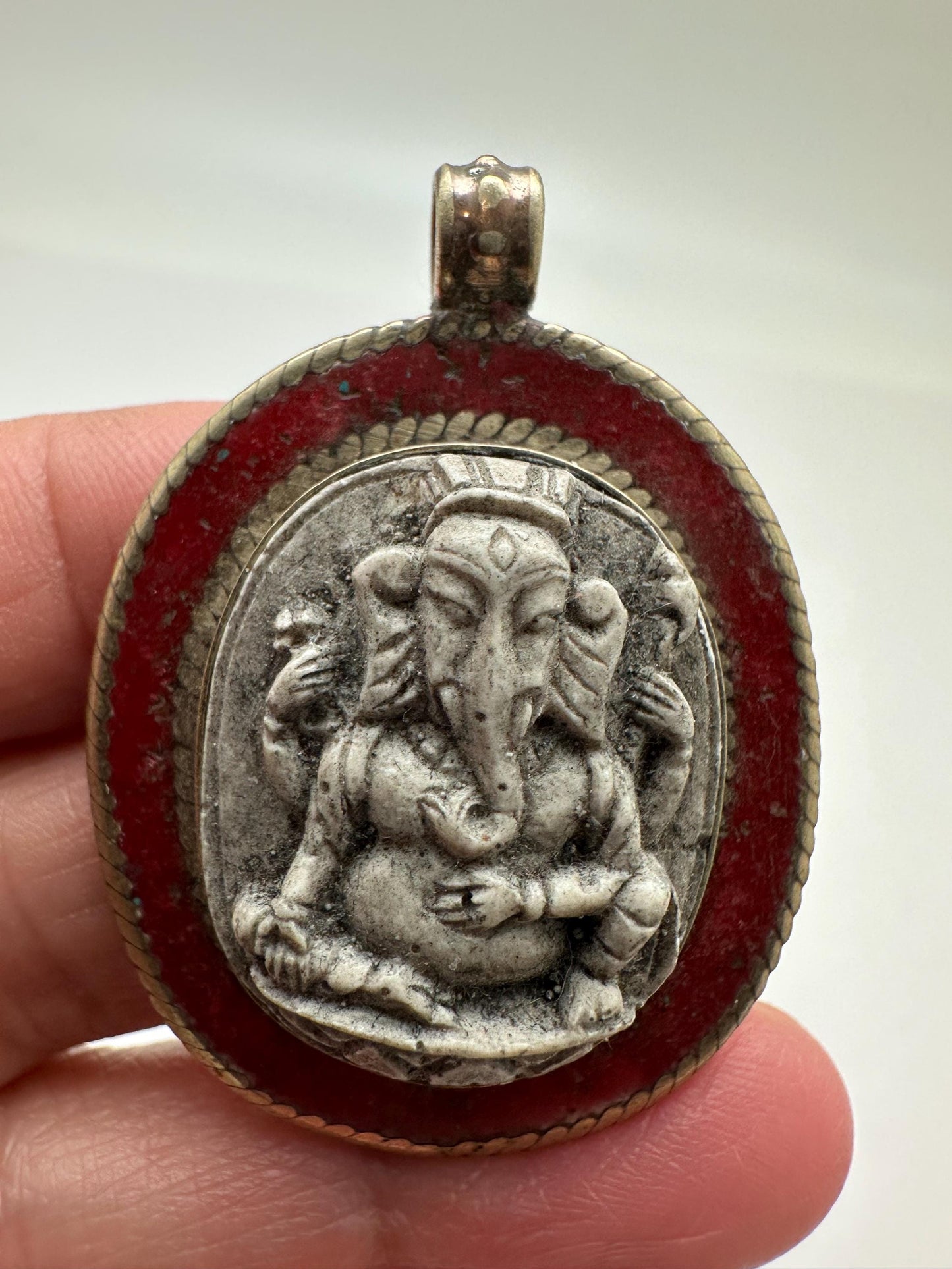 Handcrafted Ganesh Pendant, Tibetan Silver Amulet, Nepalese Resin God