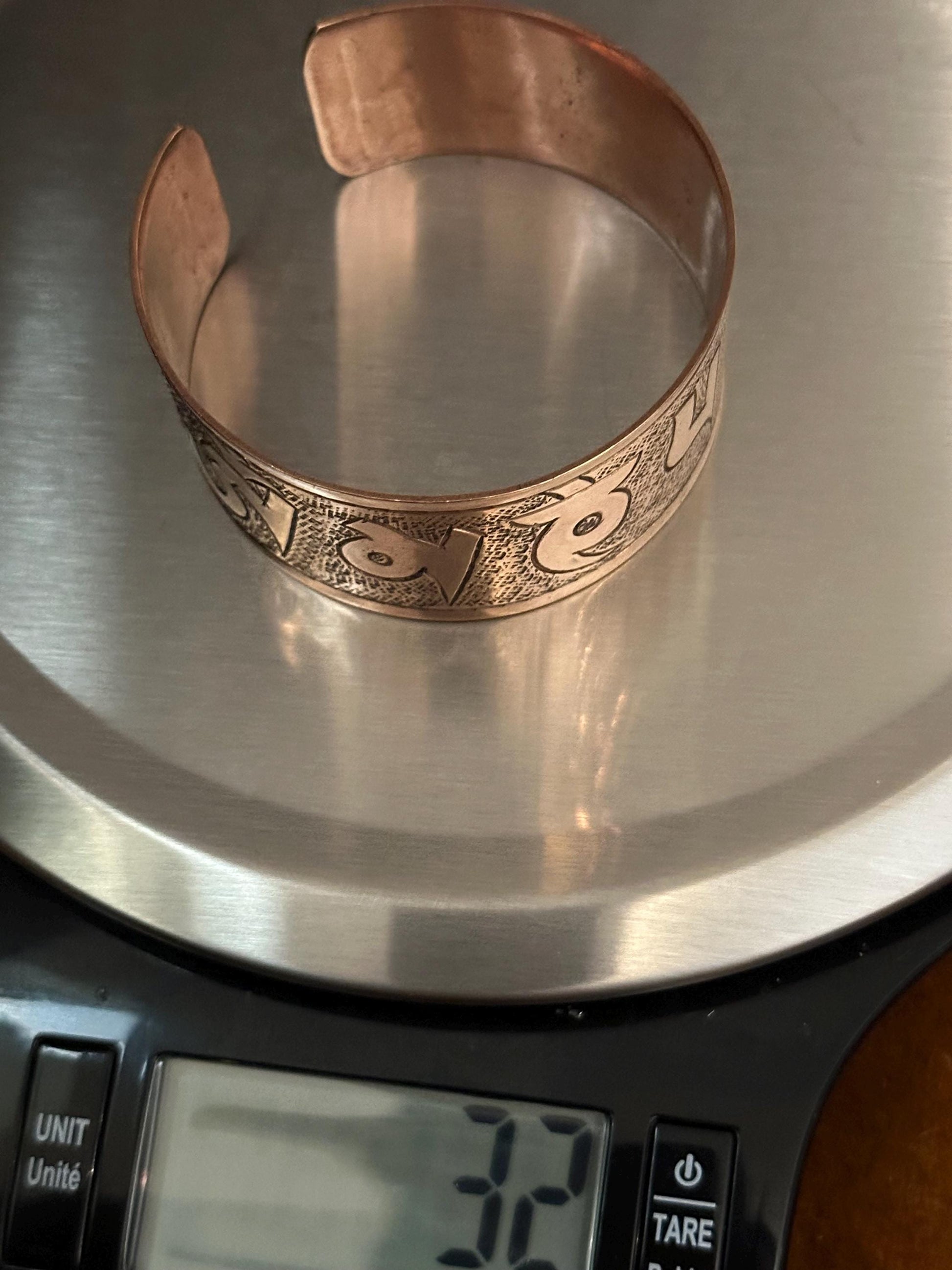 Copper cuff bracelet,handcrafted,om mani bangle,adjustable,32 gram