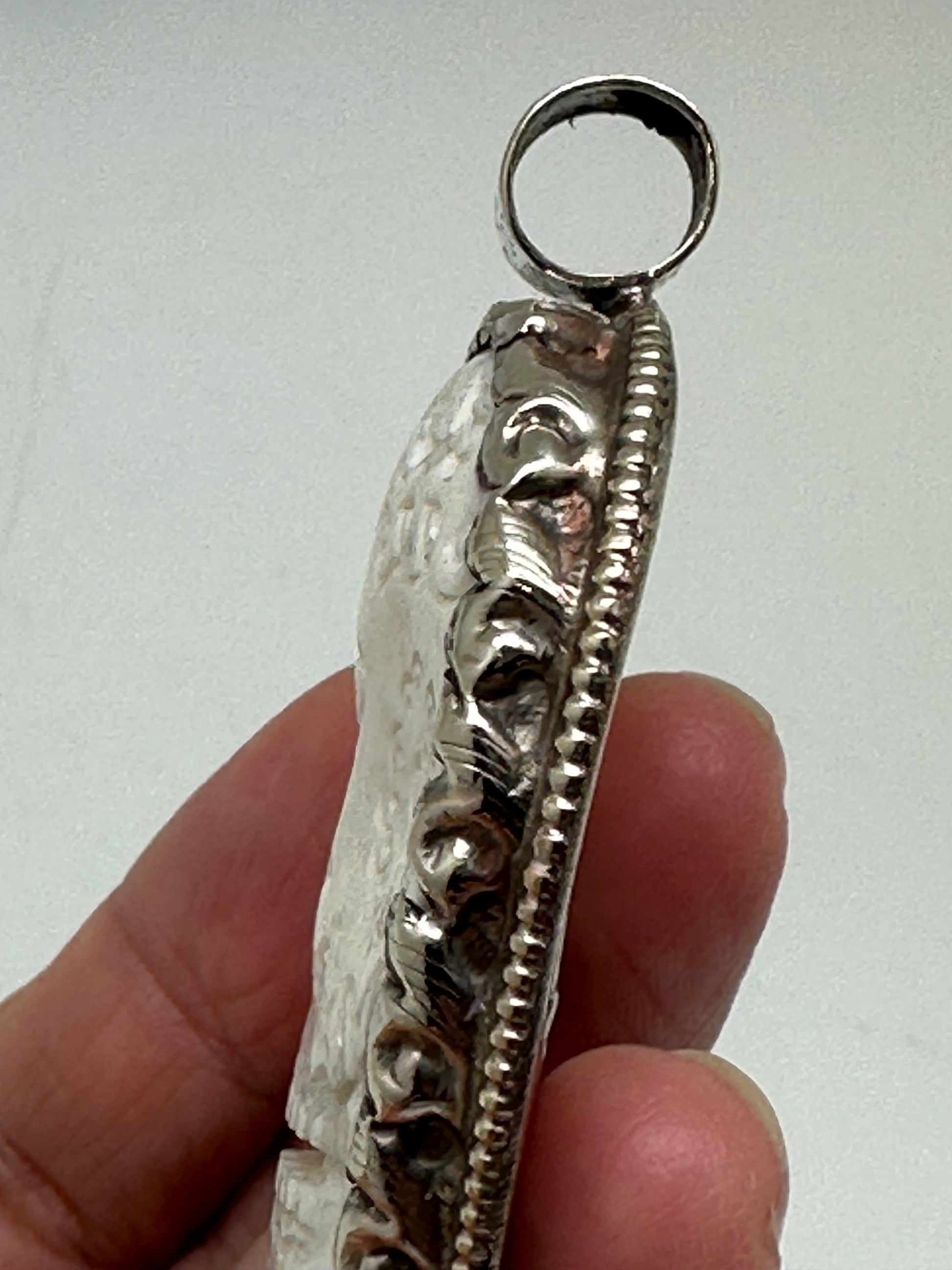 Skull pendant, bone carved, handcrafted, Tibetan repousse silver,ethnic style 58mmX35mm