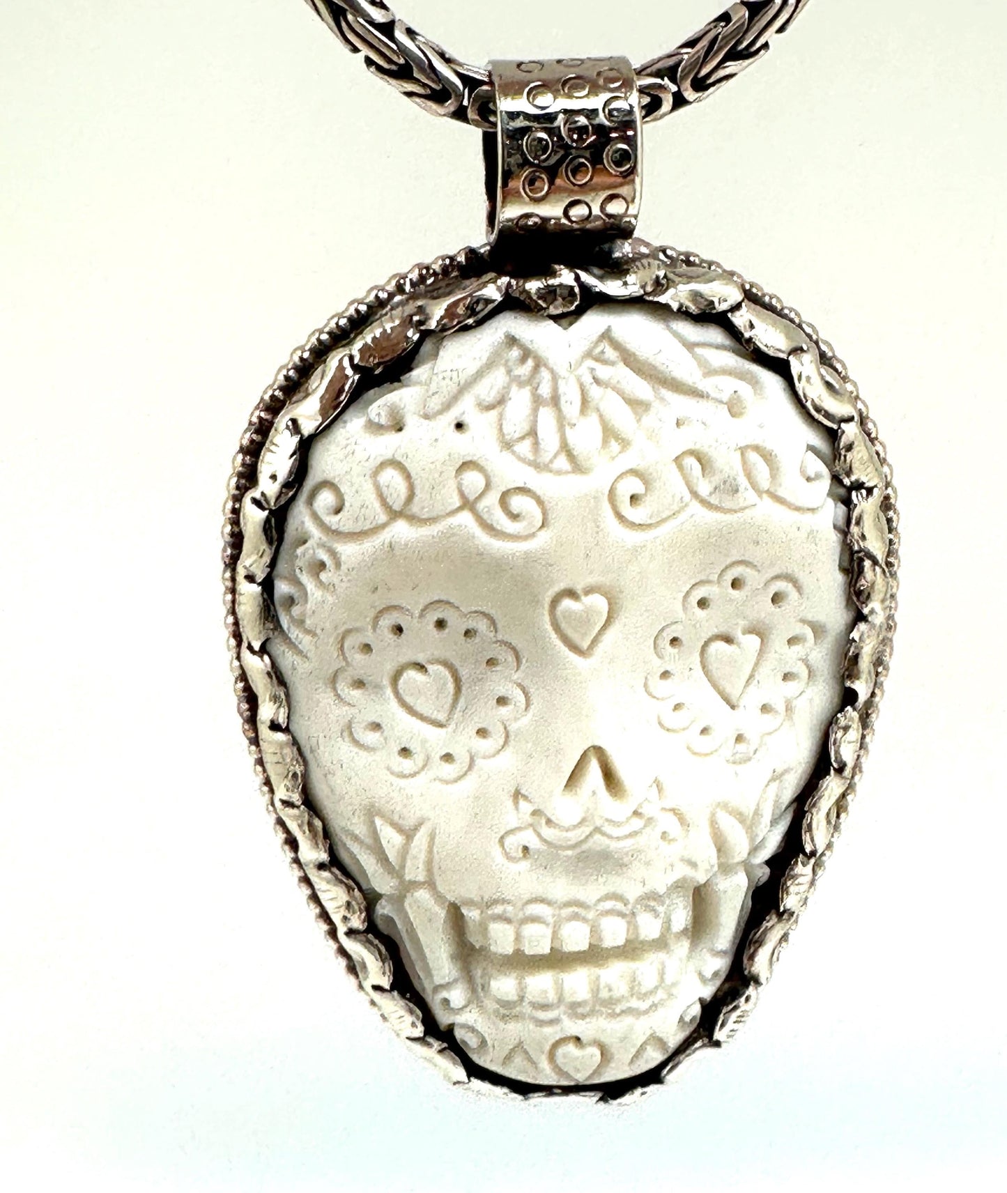 Skull pendant, bone carved, handcrafted, Tibetan repousse silver,ethnic style 58mmX35mm