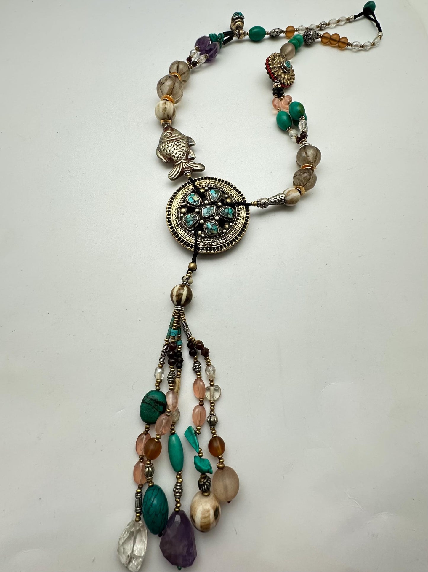 Vintage Tibetan Turquoise Necklace, Quartz Crystal, Amethyst, Agate
