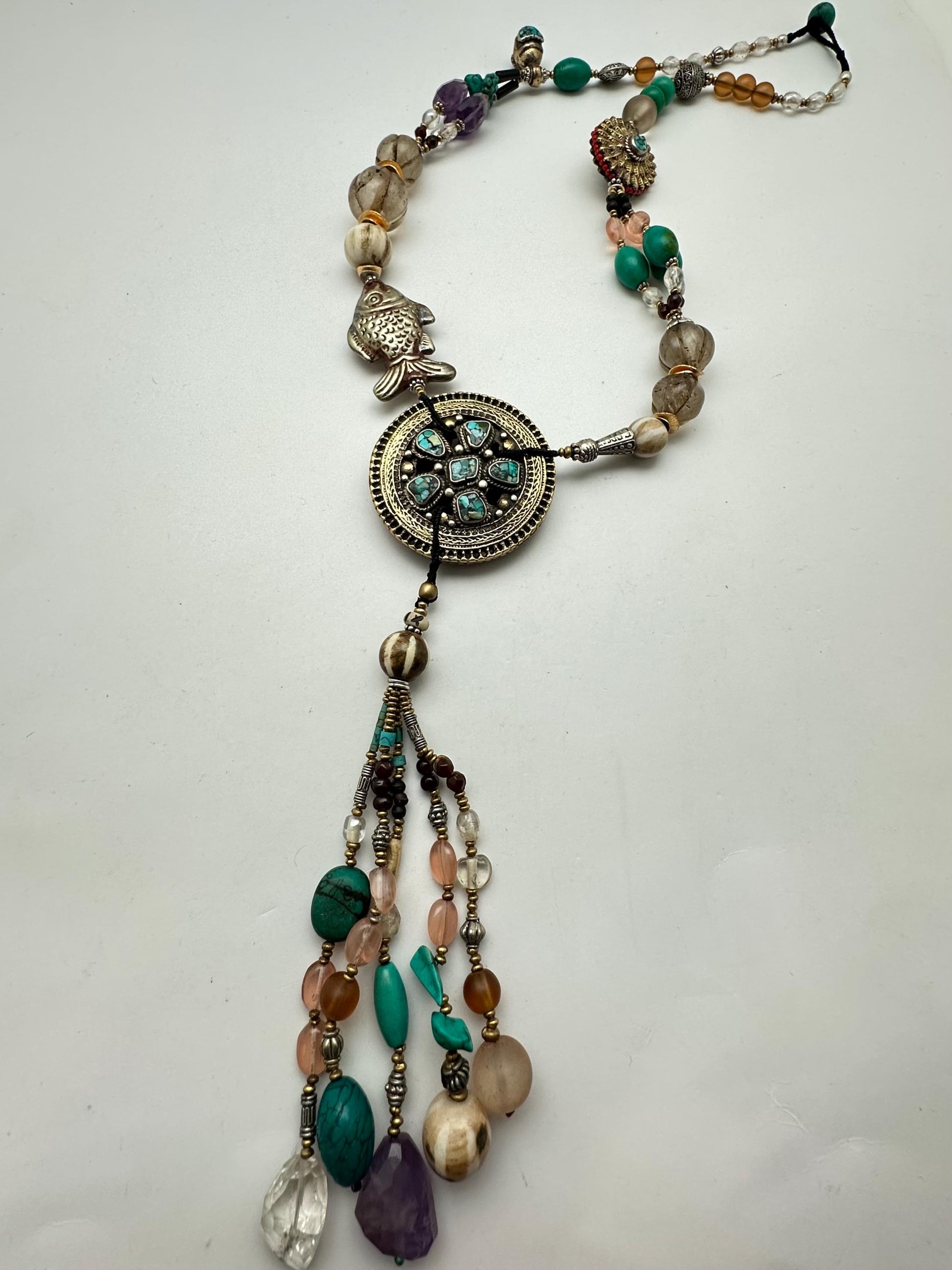 Vintage Tibetan Turquoise Necklace, Quartz Crystal, Amethyst, Agate