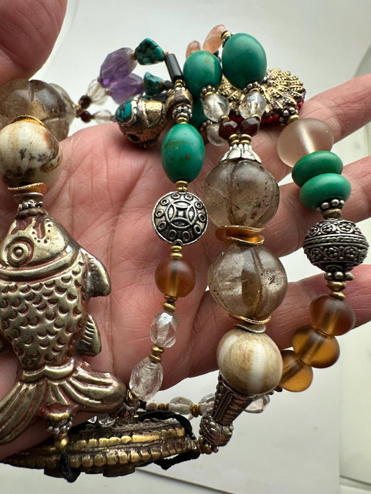 Vintage Tibetan Turquoise Necklace, Quartz Crystal, Amethyst, Agate