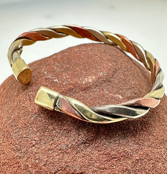 Handcrafted Twisted Metal Cuff Bracelet, Copper Brass Silver, Adjustable Bangle