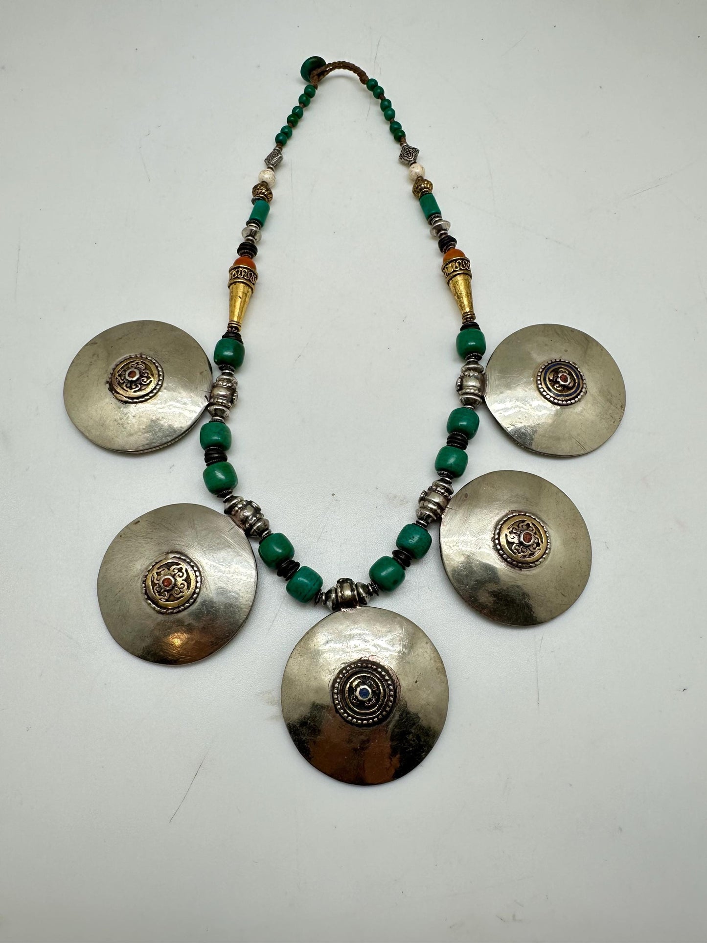Handcrafted Tibetan Turquoise Coral Necklace, Brass Ethnic Pendant