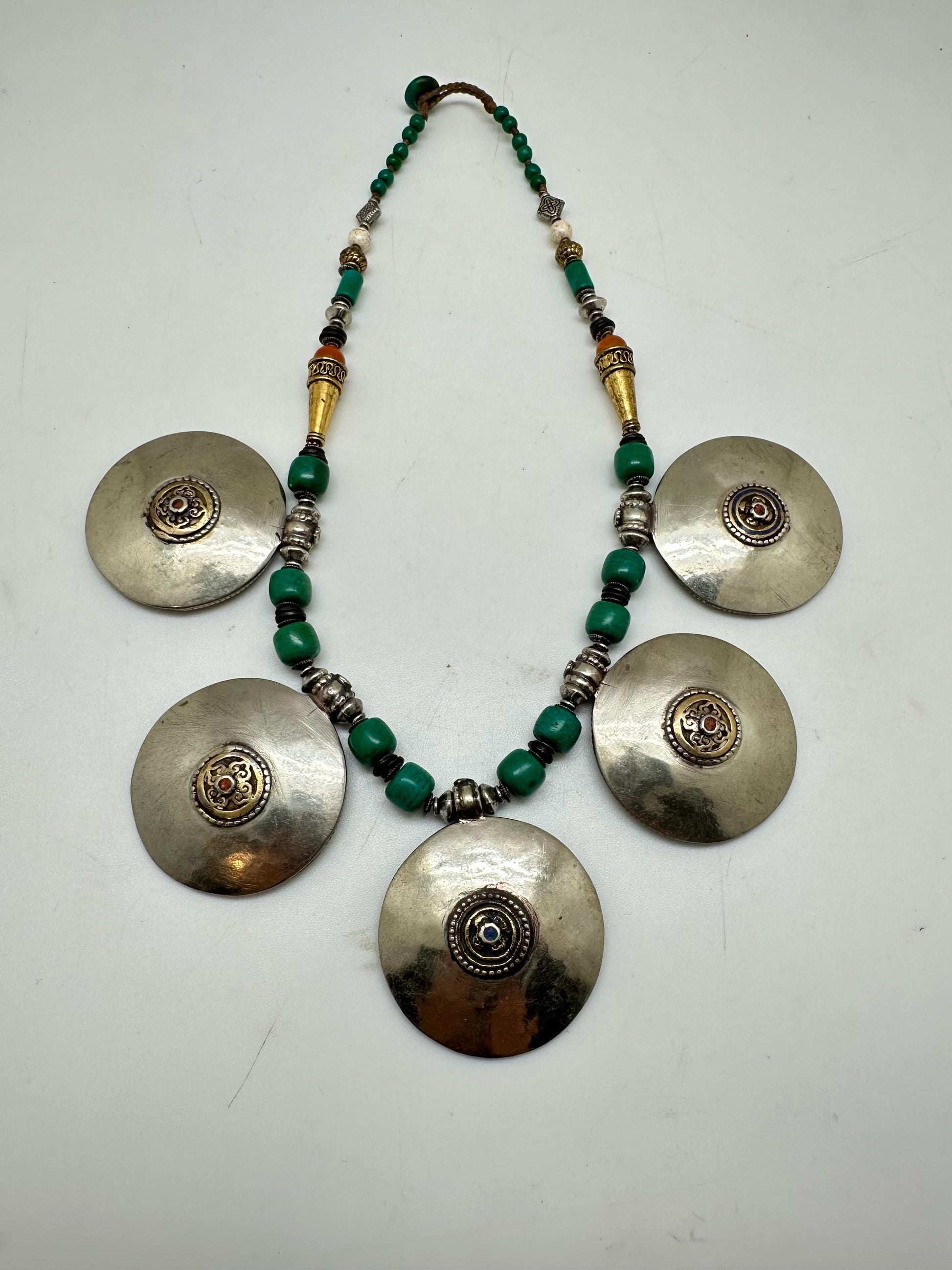 Handcrafted Tibetan Turquoise Coral Necklace, Brass Ethnic Pendant