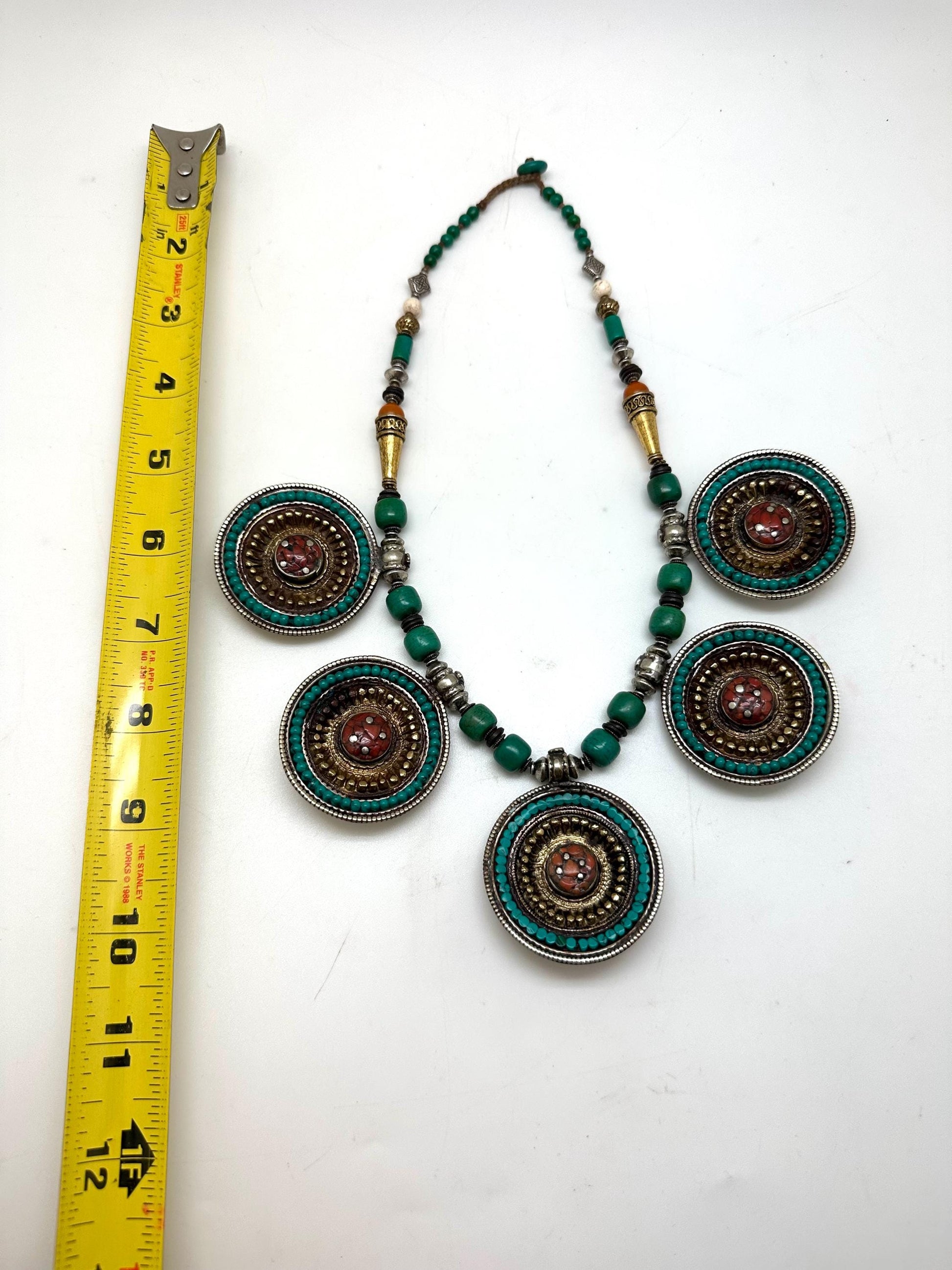 Handcrafted Tibetan Turquoise Coral Necklace, Brass Ethnic Pendant
