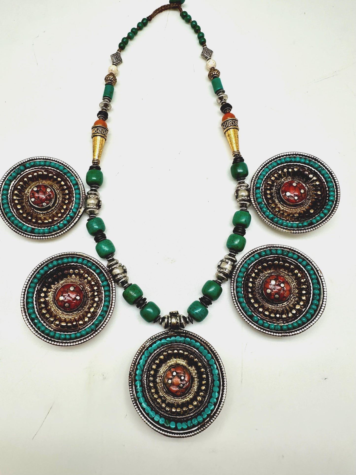 Handcrafted Tibetan Turquoise Coral Necklace, Brass Ethnic Pendant