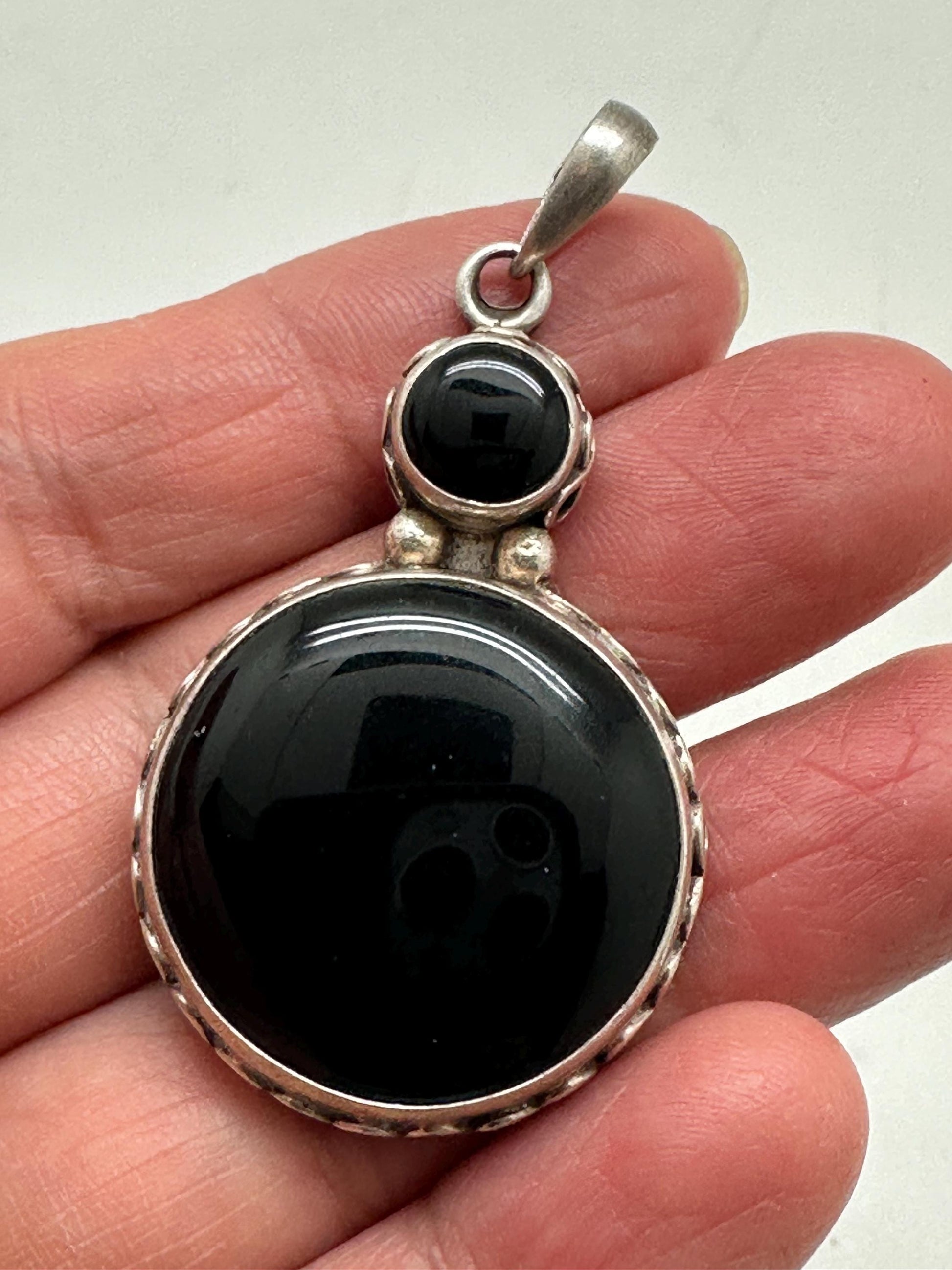 Black onyx pendant, handcrafted ,sterling silver, cabochon,48mmX25mm