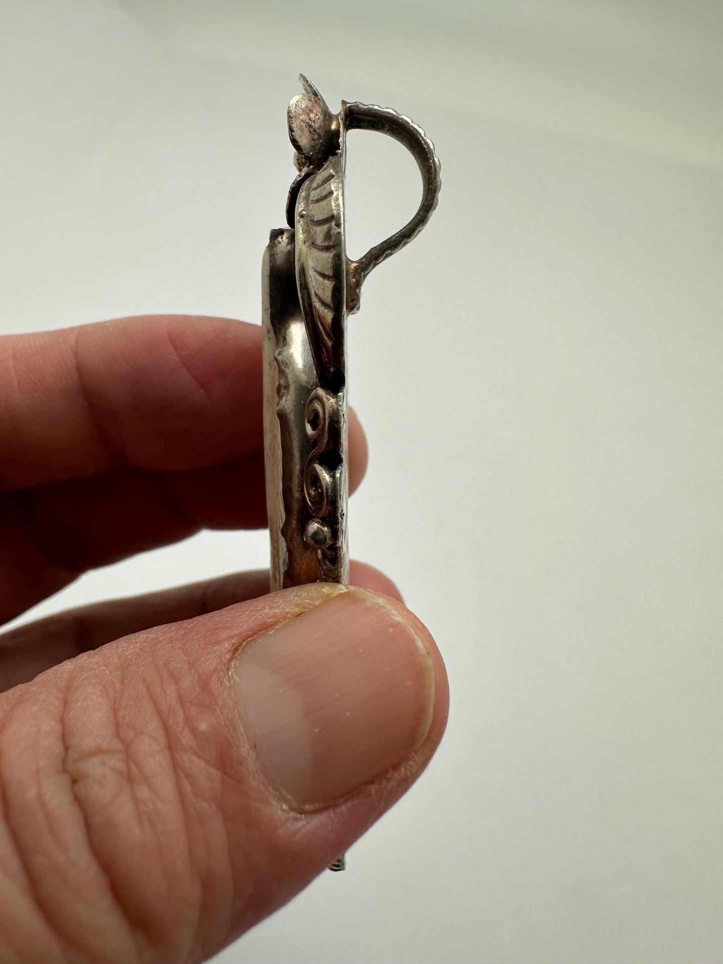 Bone carved feather pendant, handcrafted, Tibetan silver,floral design,ethnic style