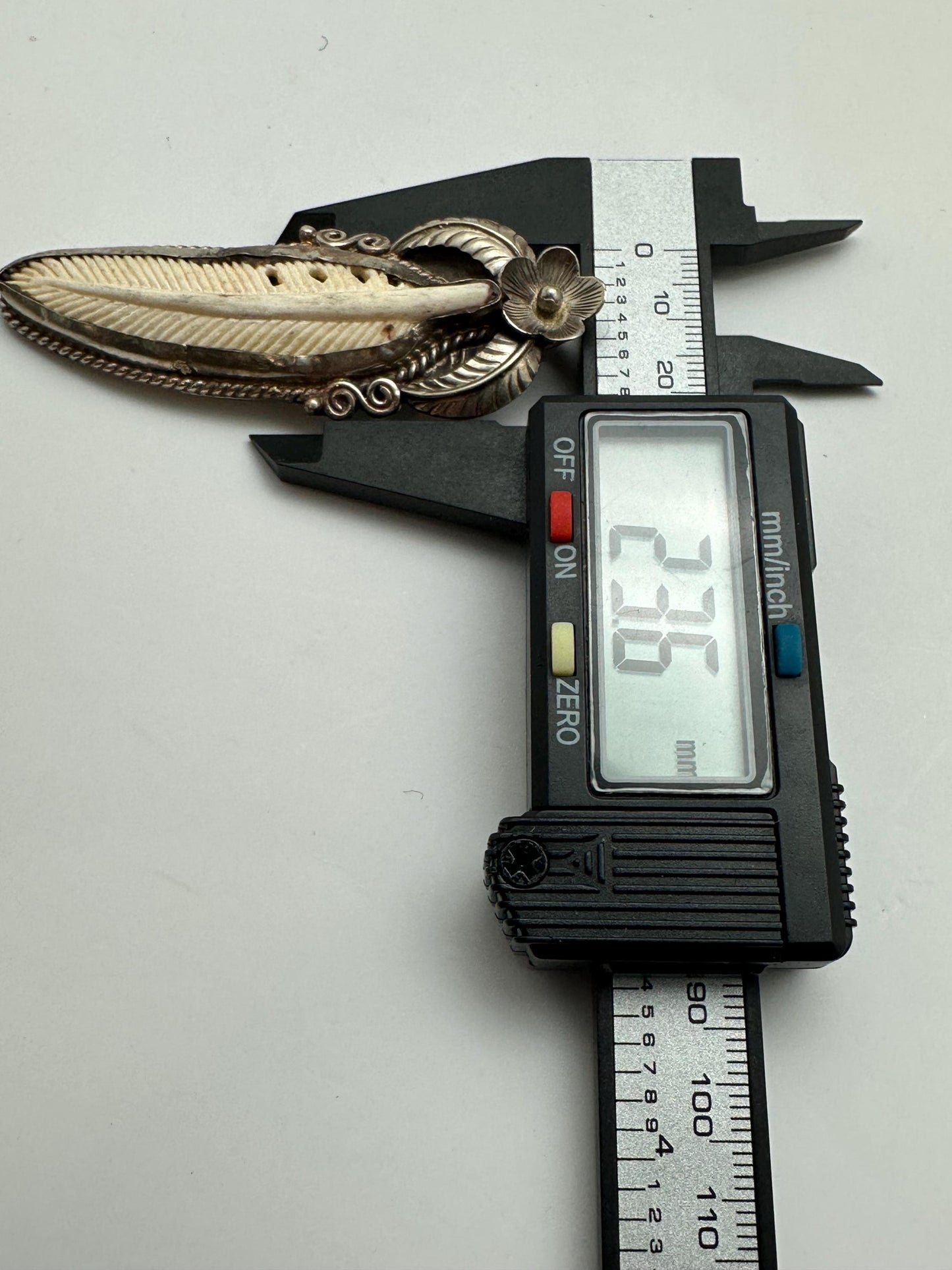 Bone carved feather pendant, handcrafted, Tibetan silver,floral design,ethnic style