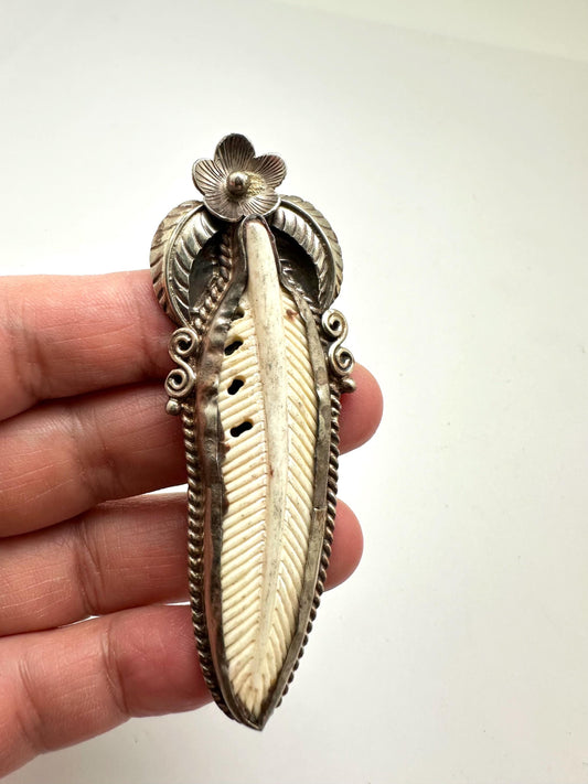 Bone carved feather pendant, handcrafted, Tibetan silver,floral design,ethnic style