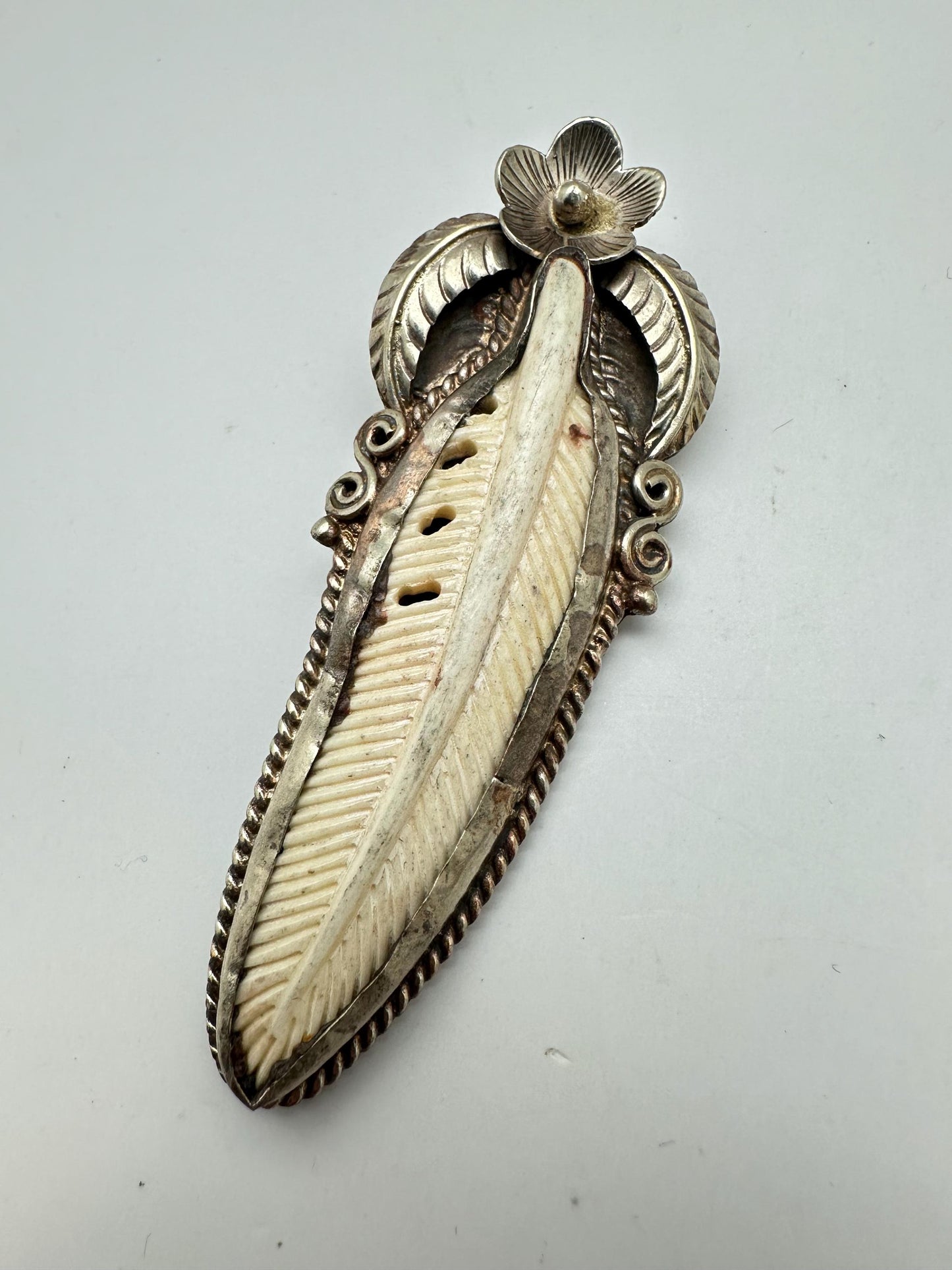 Bone carved feather pendant, handcrafted, Tibetan silver,floral design,ethnic style