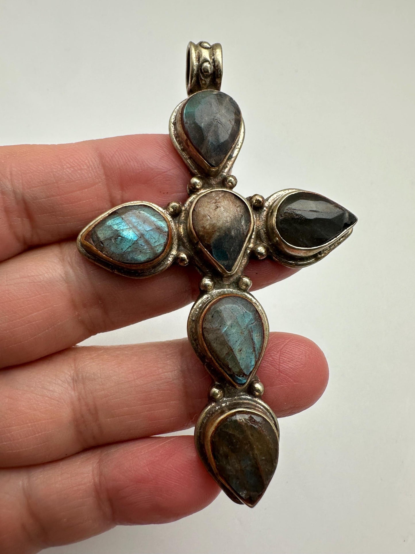 labradorite cross pendant, master handcrafted, Tibetan repousse silver,