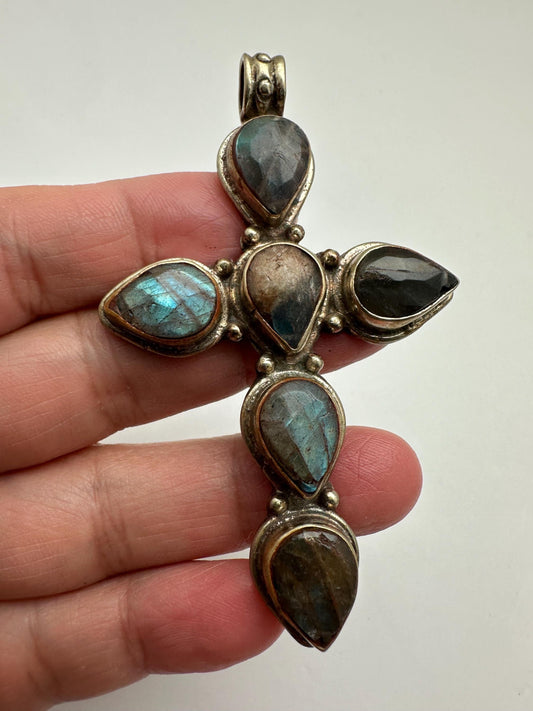 labradorite cross pendant, master handcrafted, Tibetan repousse silver,