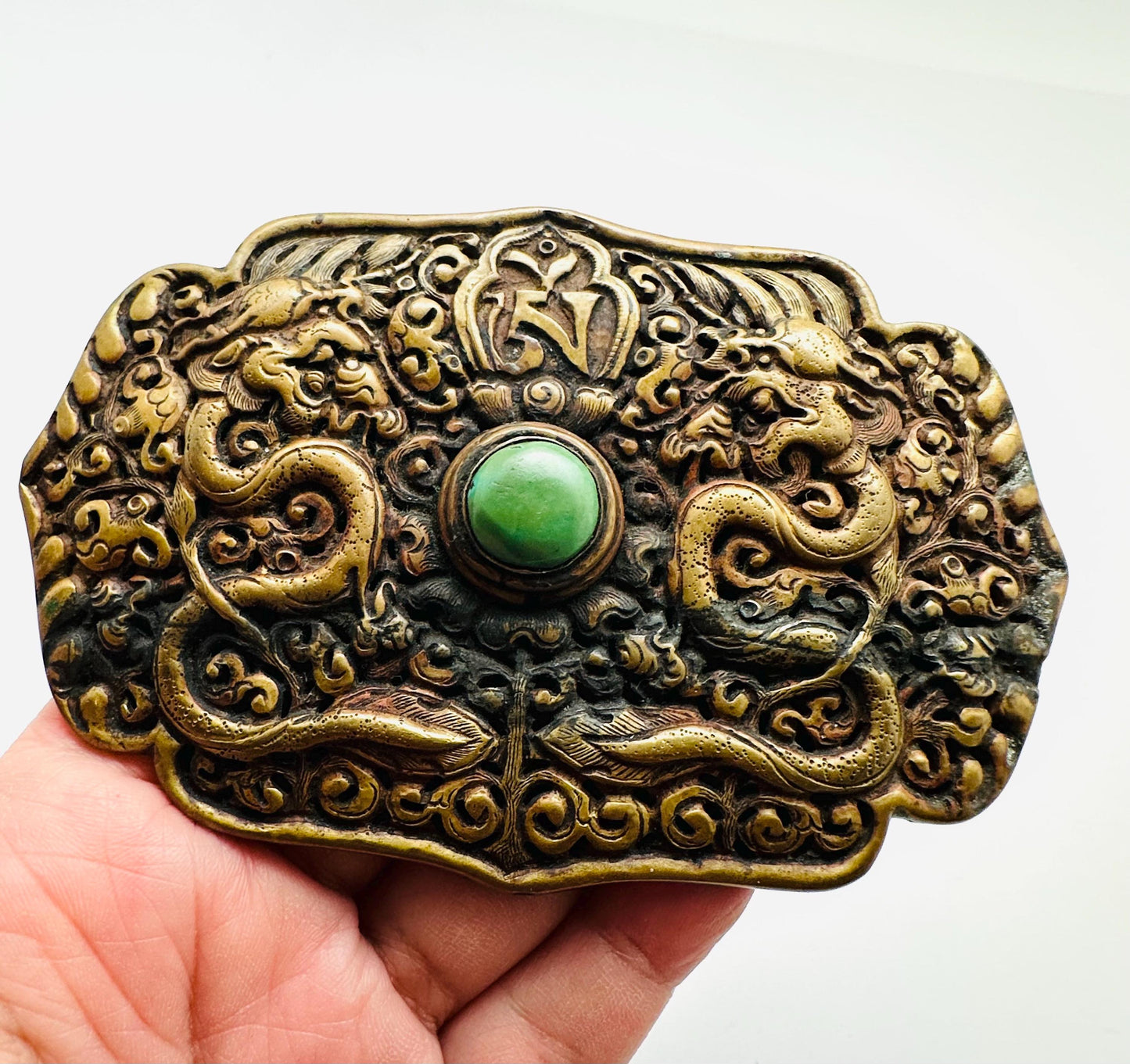 Handcrafted Brass Double Dragon Belt Buckle, Turquoise Stone, Ethnic Style