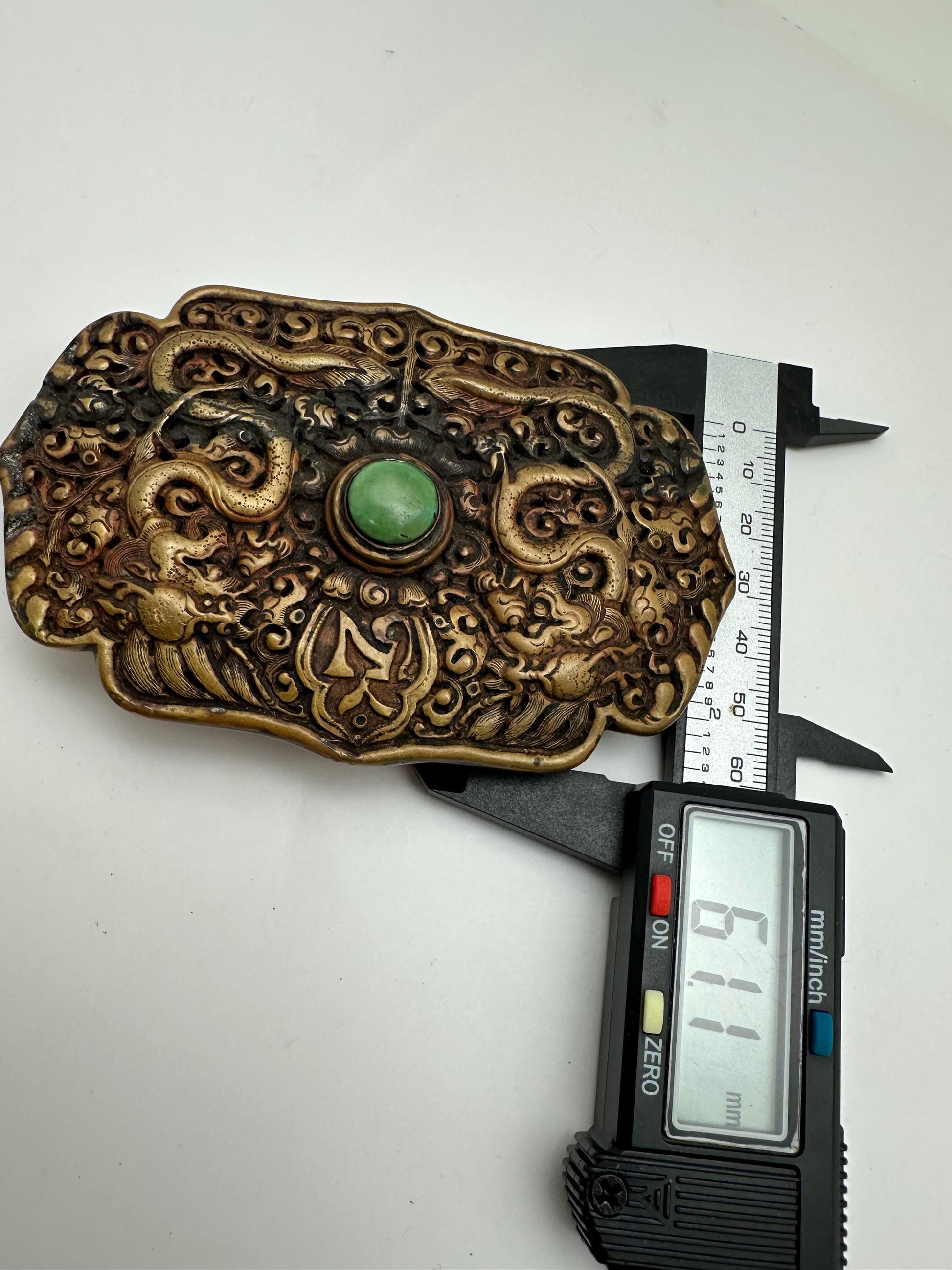 Handcrafted Brass Double Dragon Belt Buckle, Turquoise Stone, Ethnic Style