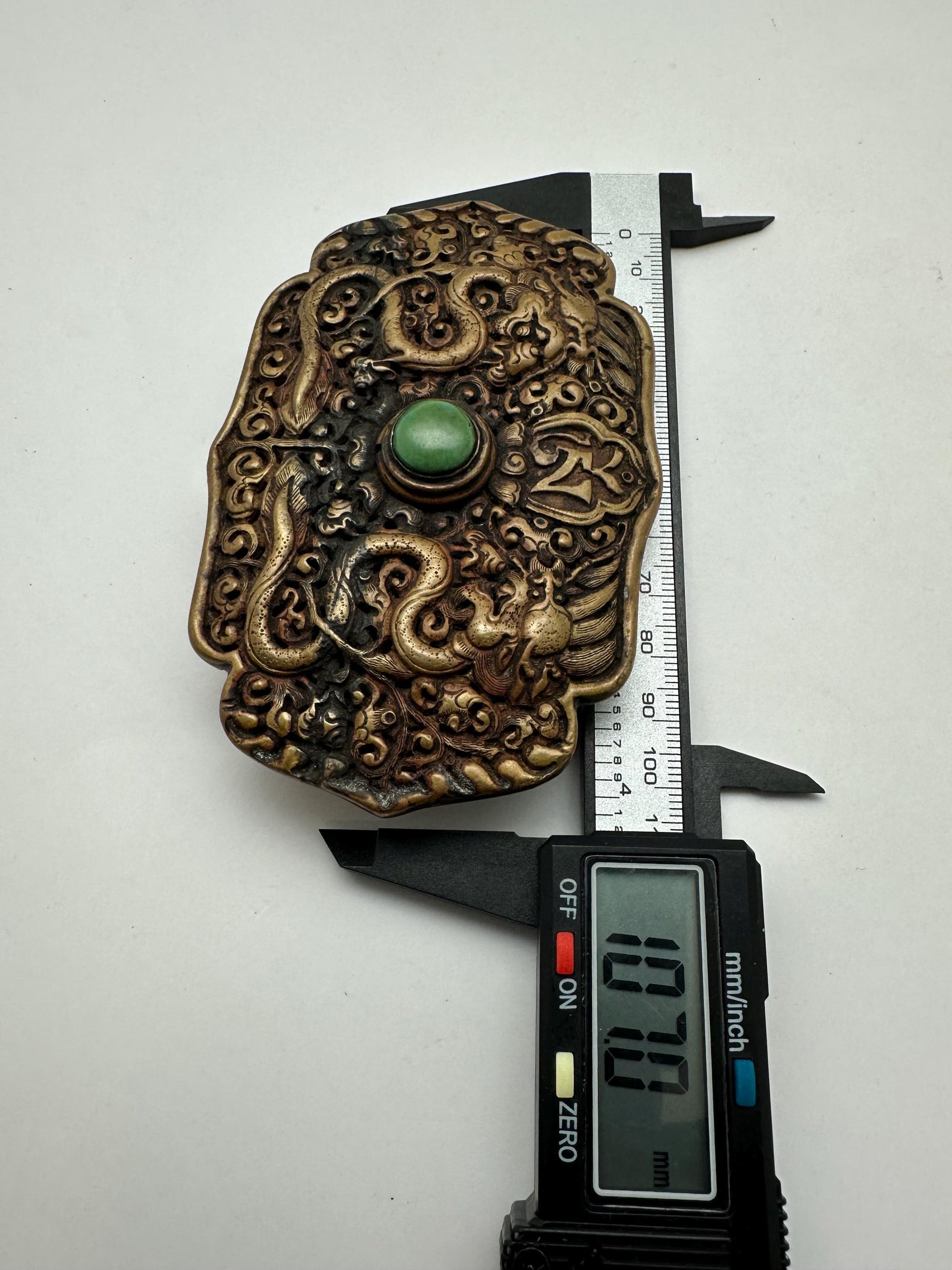 Handcrafted Brass Double Dragon Belt Buckle, Turquoise Stone, Ethnic Style