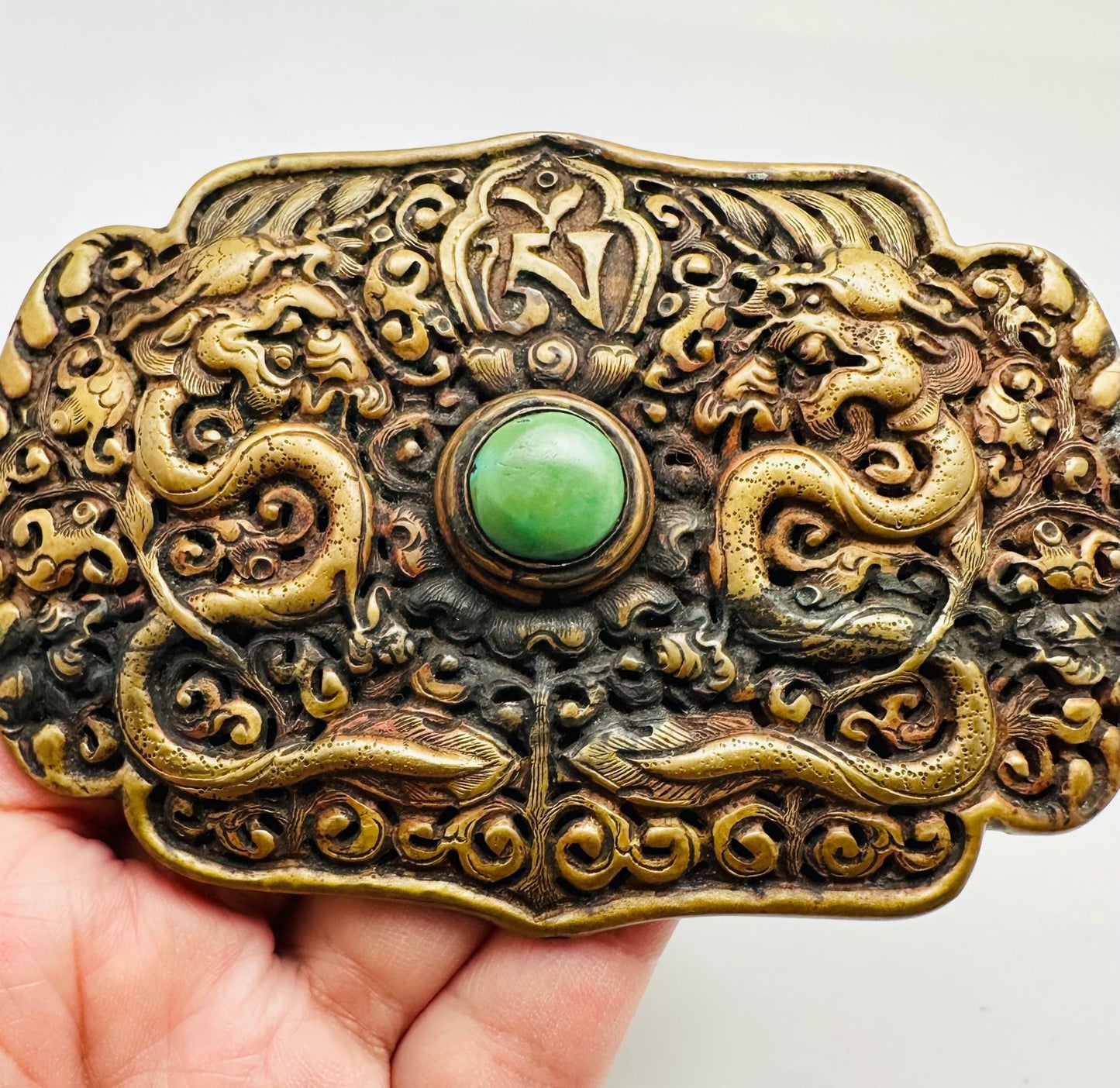 Handcrafted Brass Double Dragon Belt Buckle, Turquoise Stone, Ethnic Style
