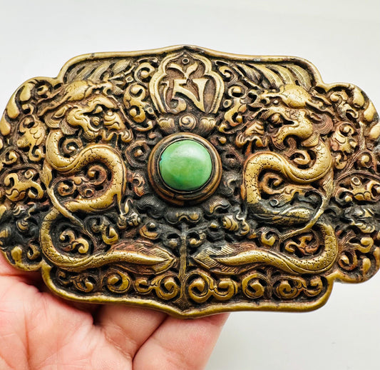 Handcrafted Brass Double Dragon Belt Buckle, Turquoise Stone, Ethnic Style