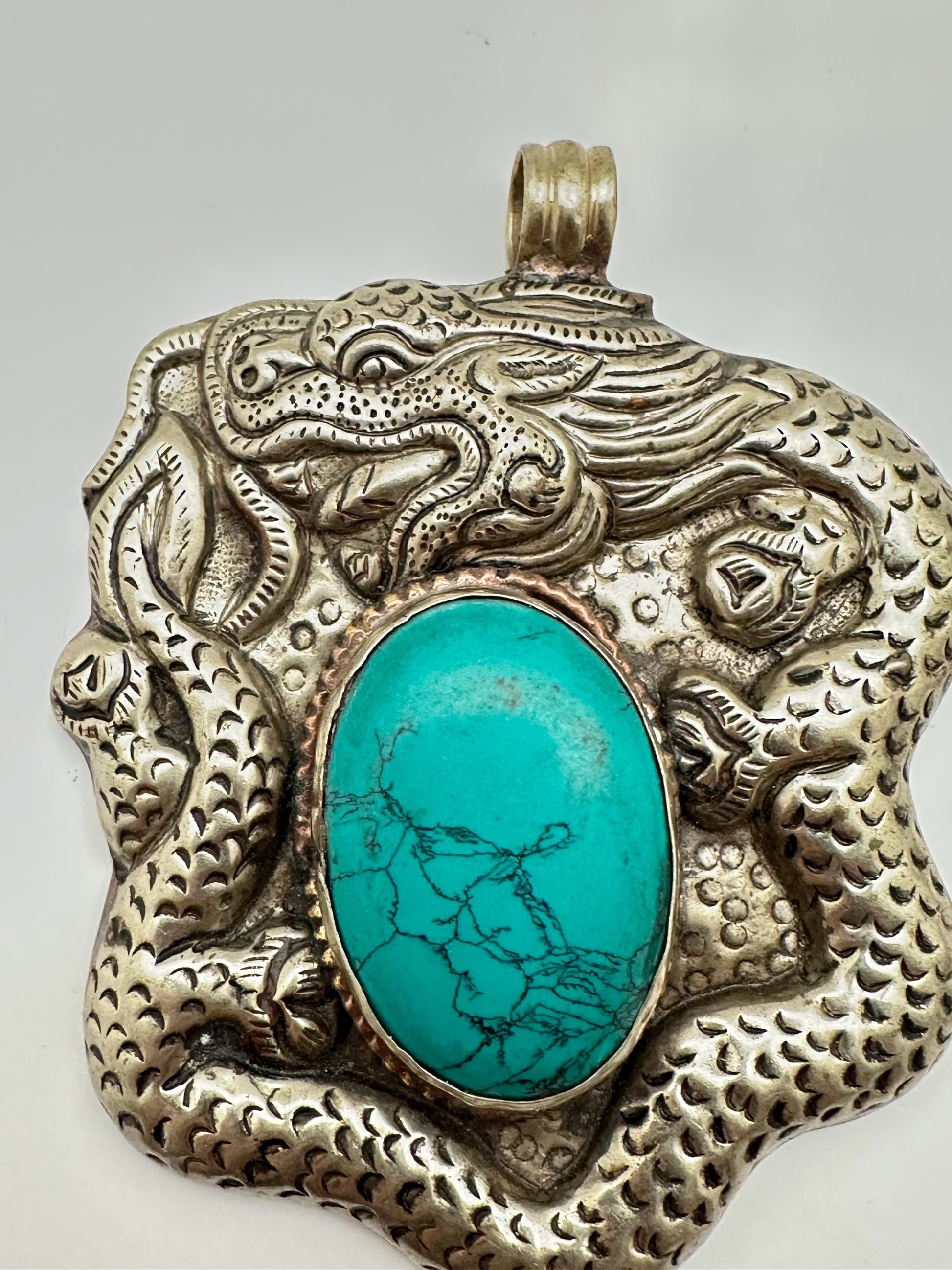 Large dragon pendant,howlite turquoise , handcrafted,Tibetan silver,Nepalese