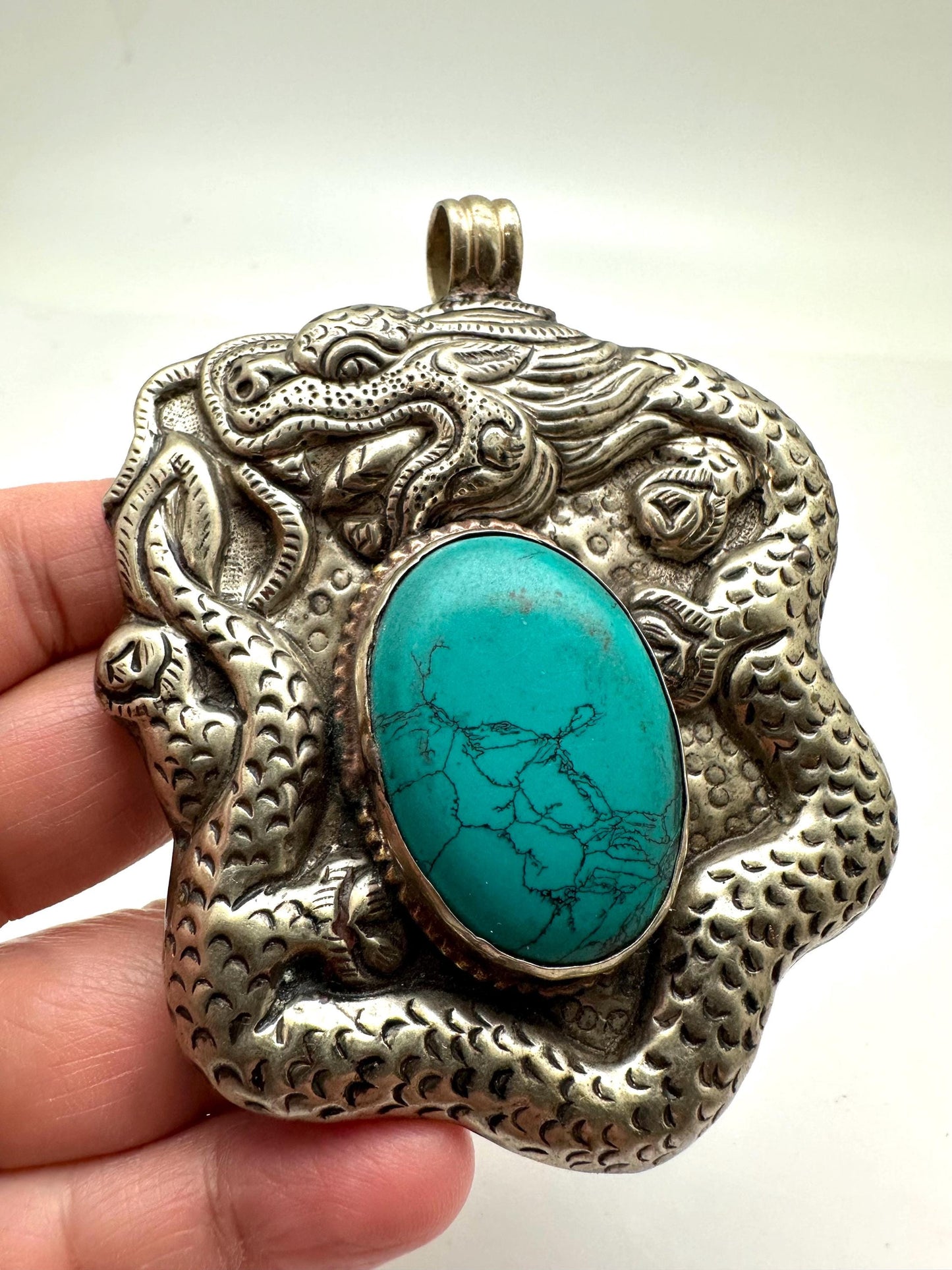 Large dragon pendant,howlite turquoise , handcrafted,Tibetan silver,Nepalese