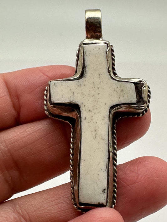 Cross pendant,Bone carved cross, handcrafted, Tibetan silver,53mmX26.6mm