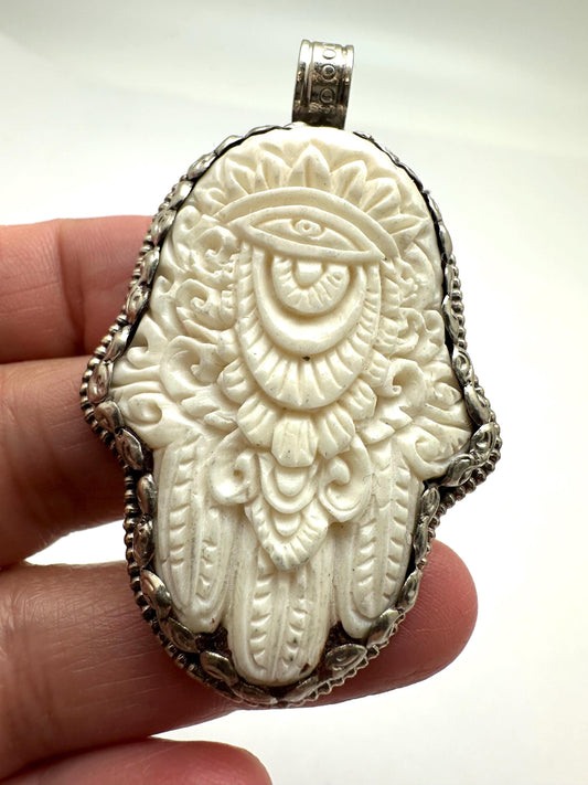 Bone carved hamsa pendant, handcrafted,tibetan silver, Nepalese, 60X36mm