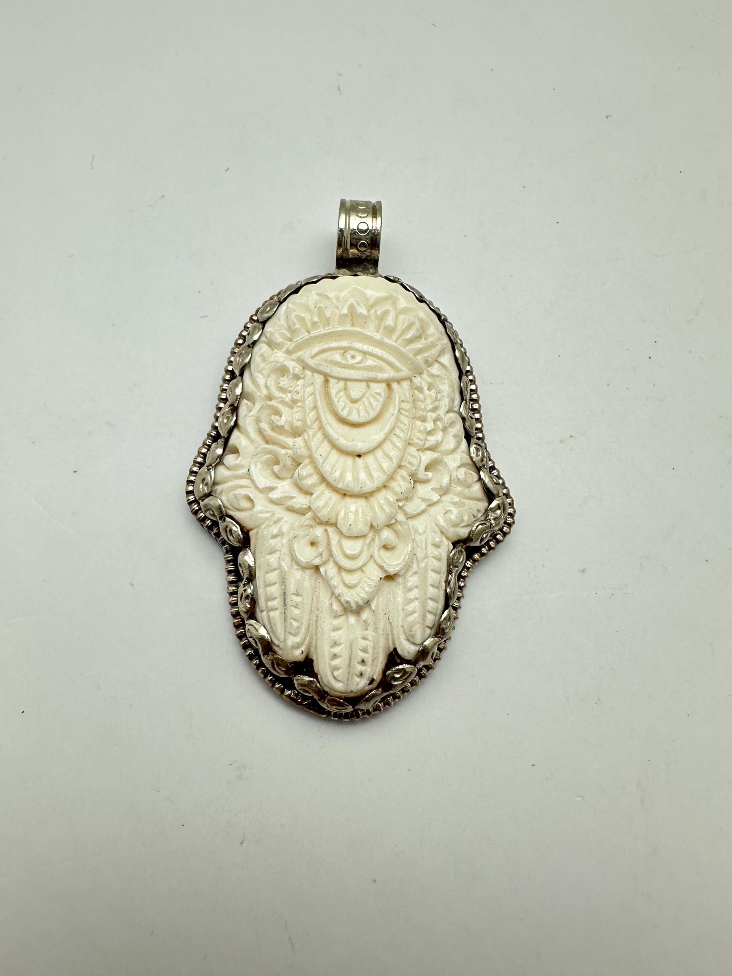 Bone carved hamsa pendant, handcrafted,tibetan silver, Nepalese, 60X36mm