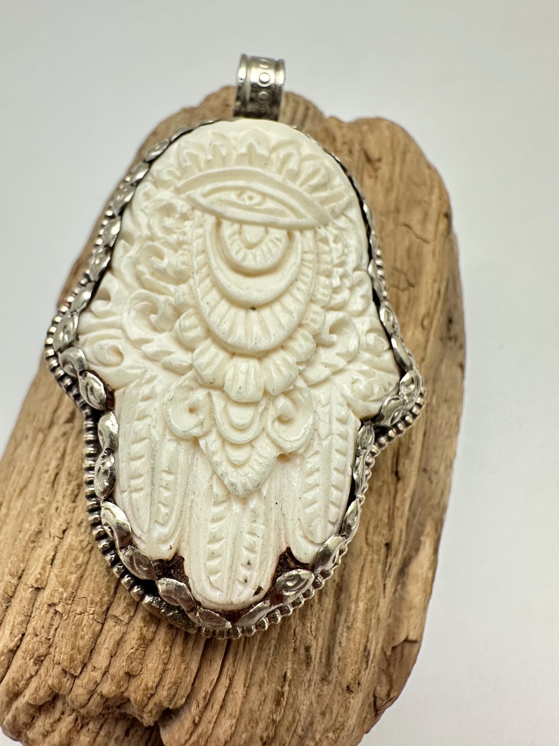 Bone carved hamsa pendant, handcrafted,tibetan silver, Nepalese, 60X36mm