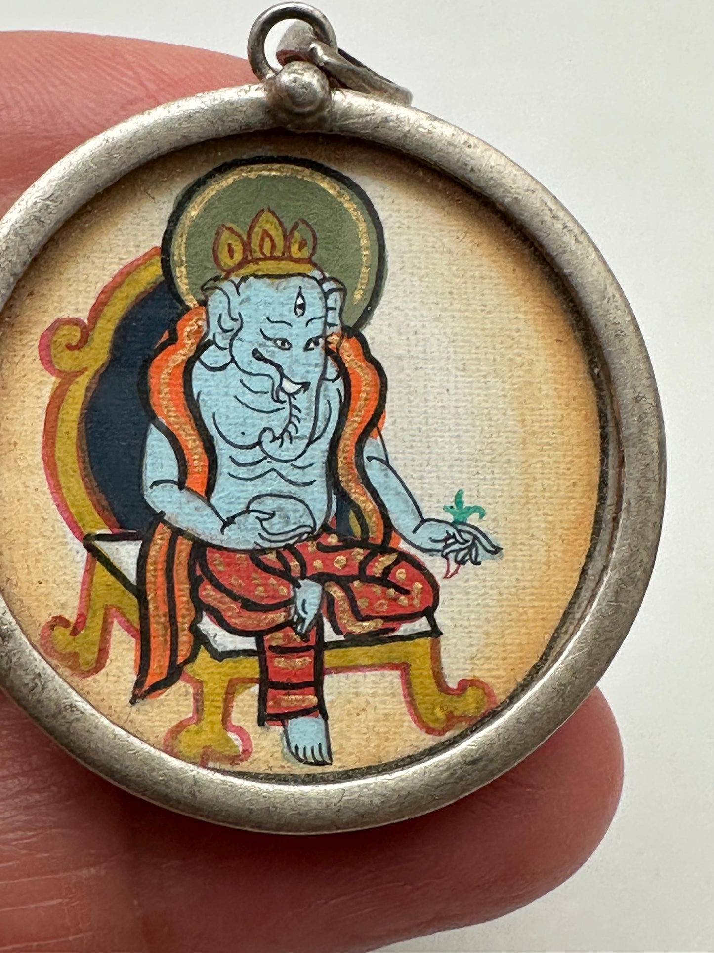 Ganesh pendant, amulet,hand painted, miniature painting, sterling silver,32.8mmX44.3mm
