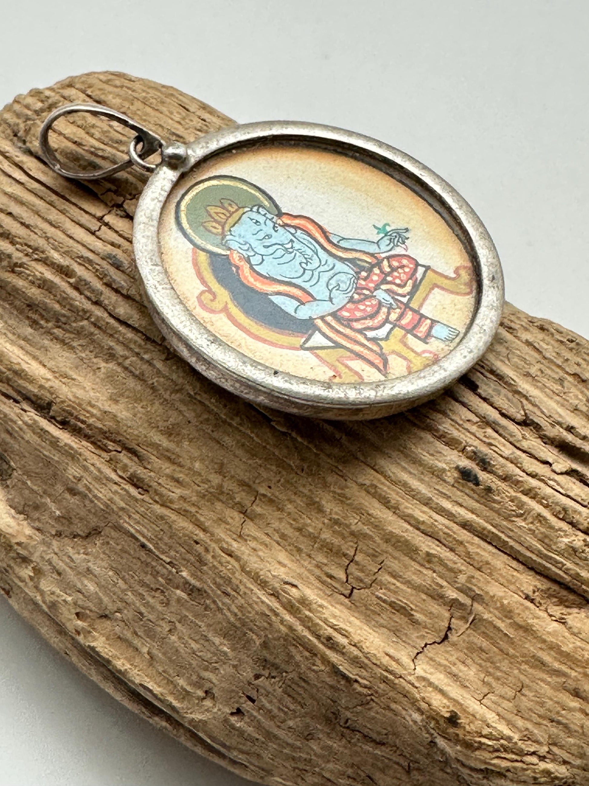 Ganesh pendant, amulet,hand painted, miniature painting, sterling silver,32.8mmX44.3mm