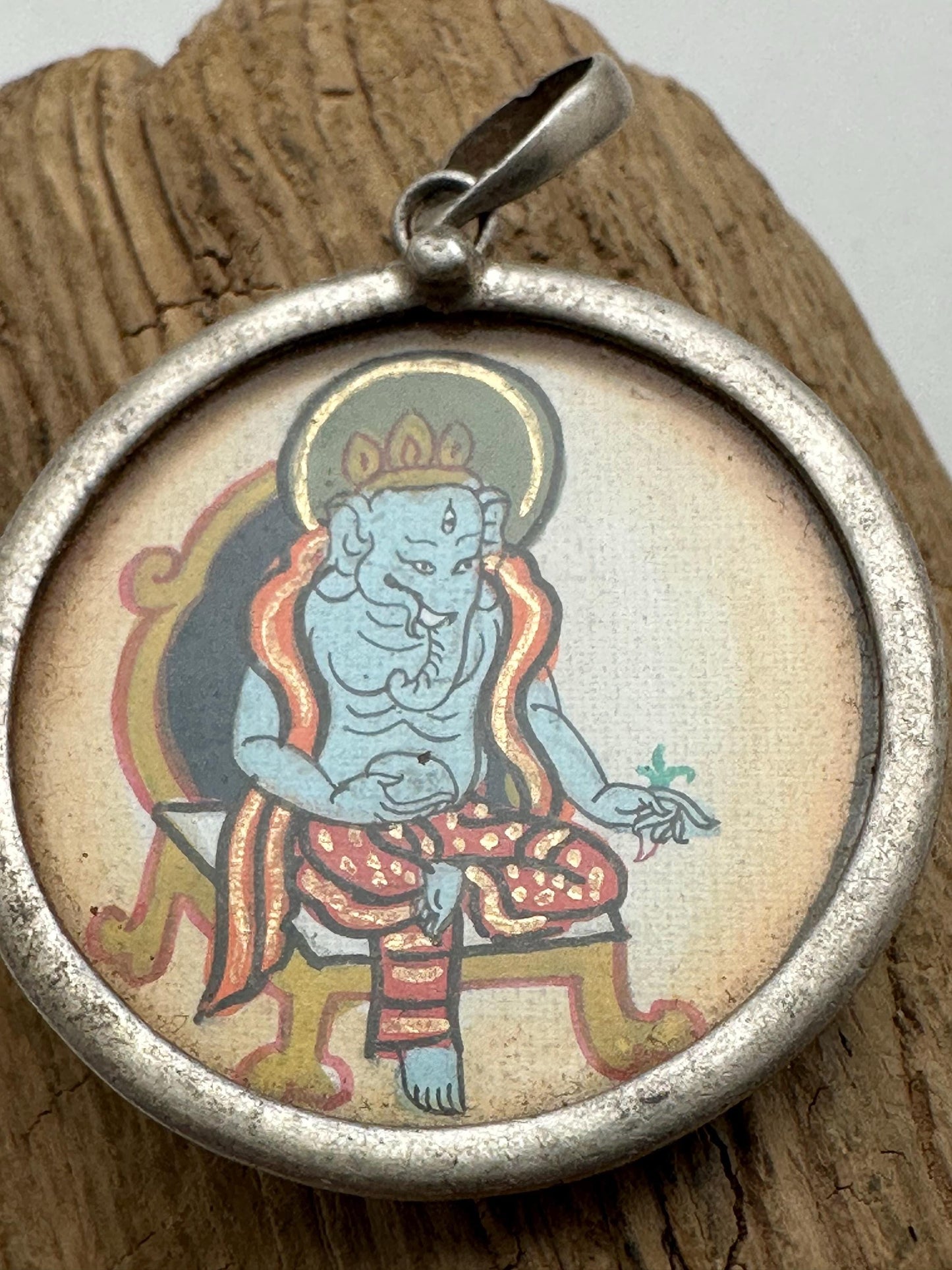 Ganesh pendant, amulet,hand painted, miniature painting, sterling silver,32.8mmX44.3mm