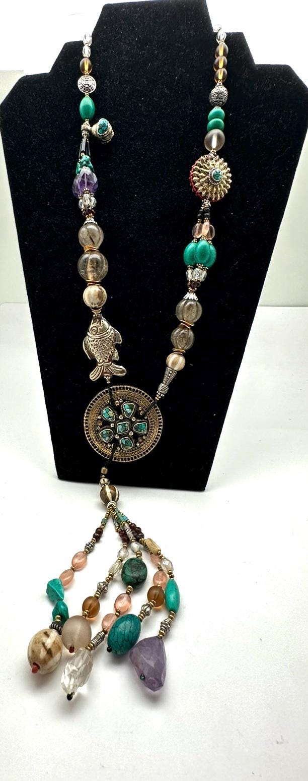 Vintage Tibetan Turquoise Necklace, Quartz Crystal, Amethyst, Agate
