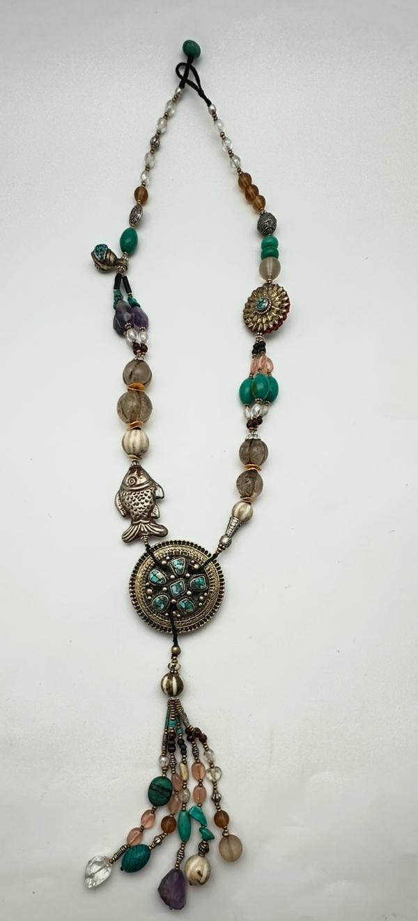 Vintage Tibetan Turquoise Necklace, Quartz Crystal, Amethyst, Agate