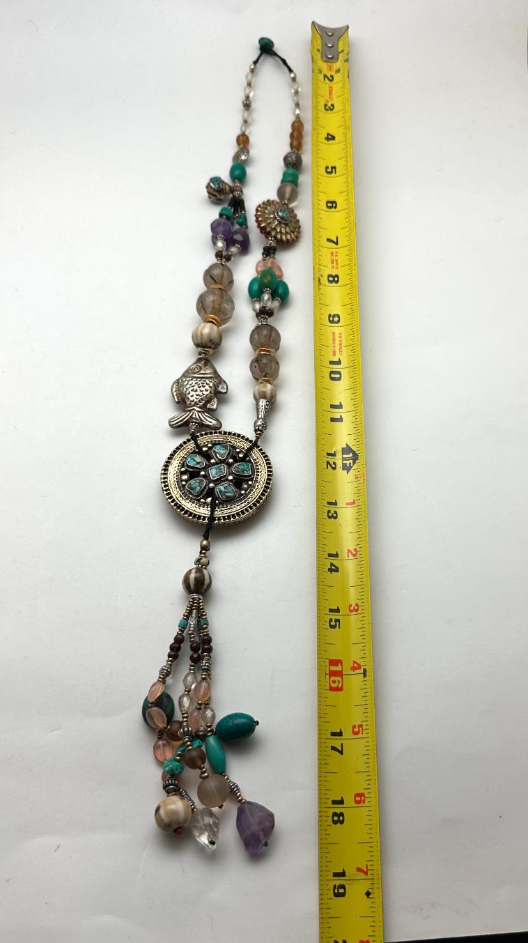 Vintage Tibetan Turquoise Necklace, Quartz Crystal, Amethyst, Agate